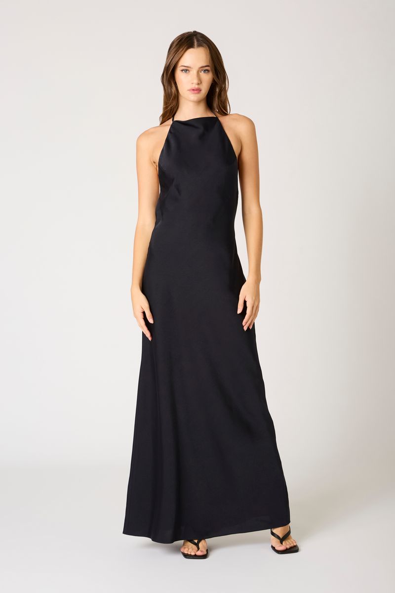 High-Neck Cowl Back Gown in midnight front view