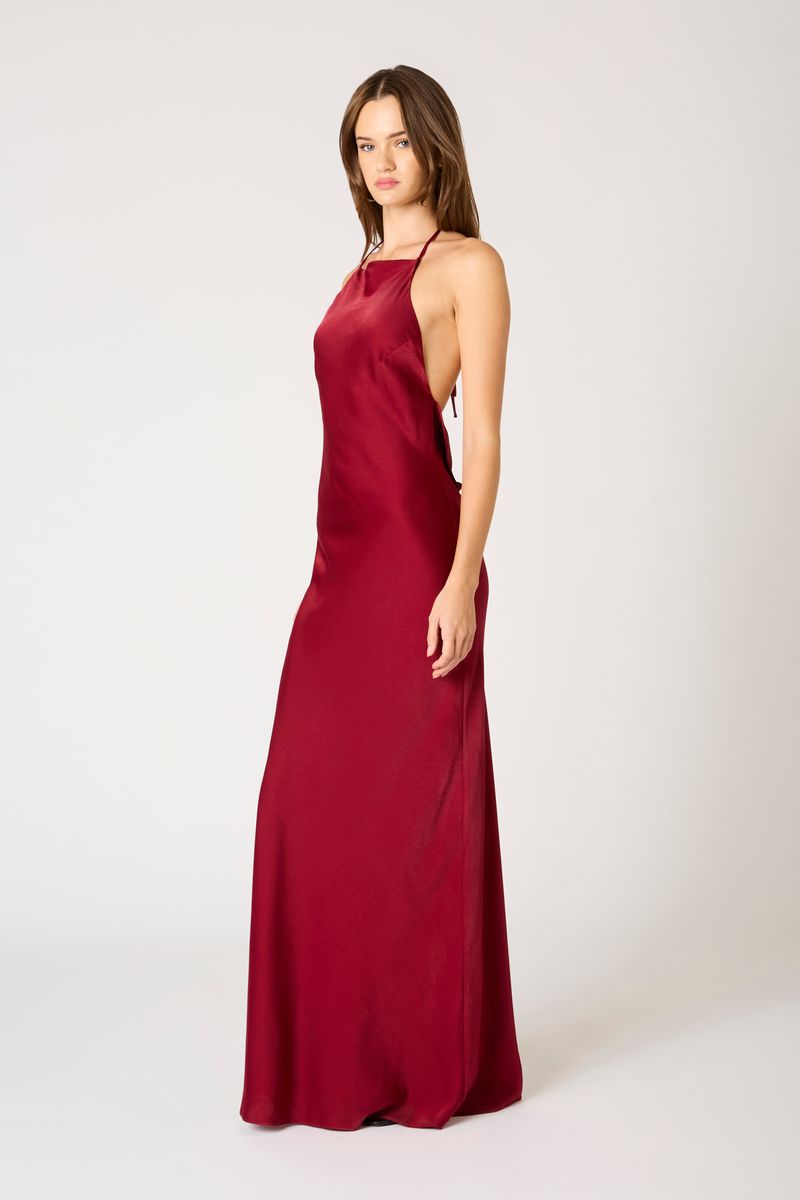 High-Neck Cowl Back Gown in wine side view