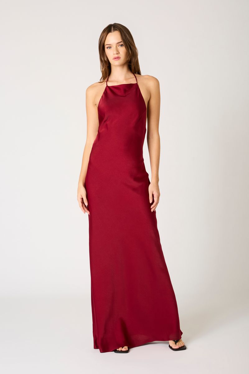 High-Neck Cowl Back Gown in wine front view