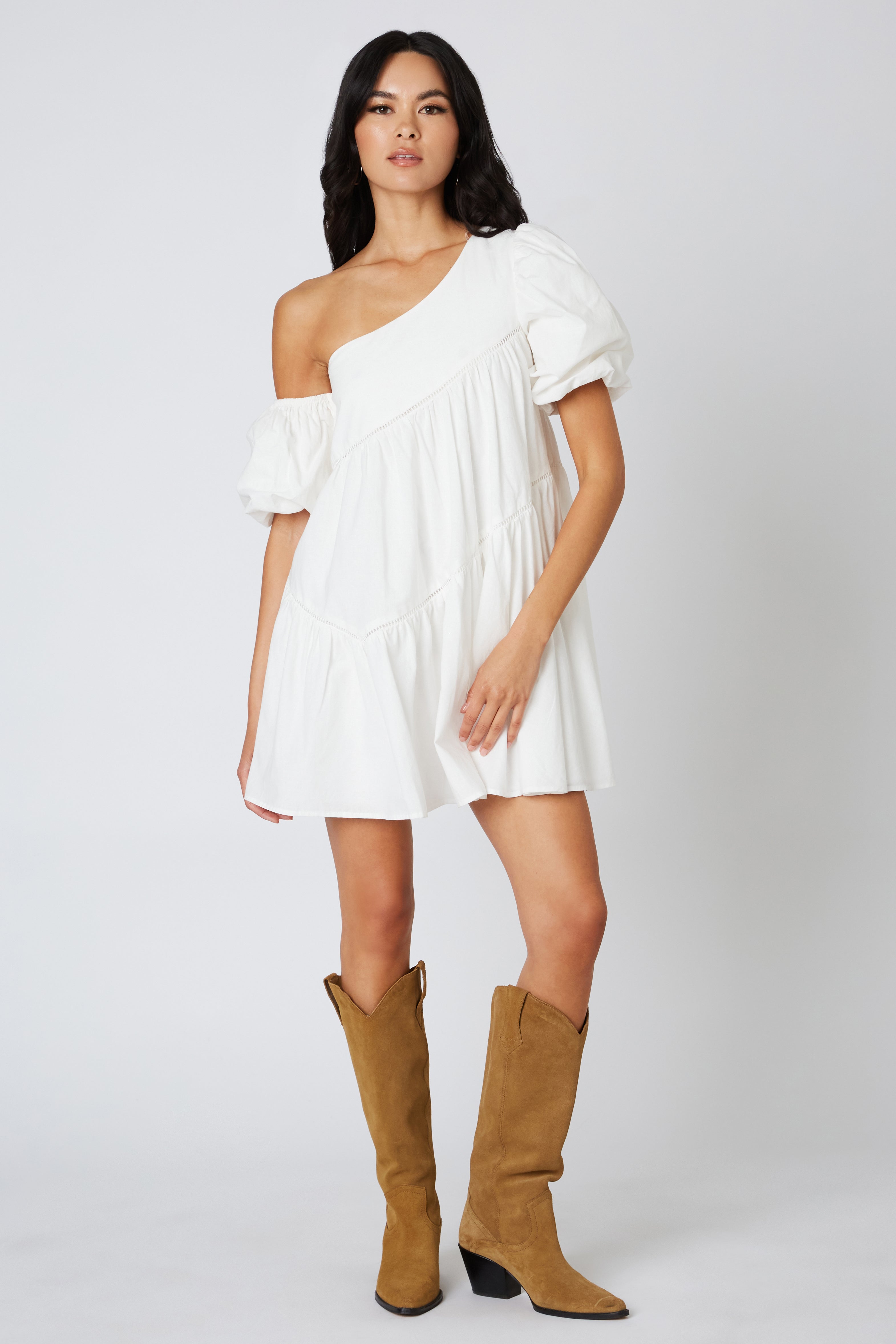 Cold Shoulder Trapeze Dress in White Front View