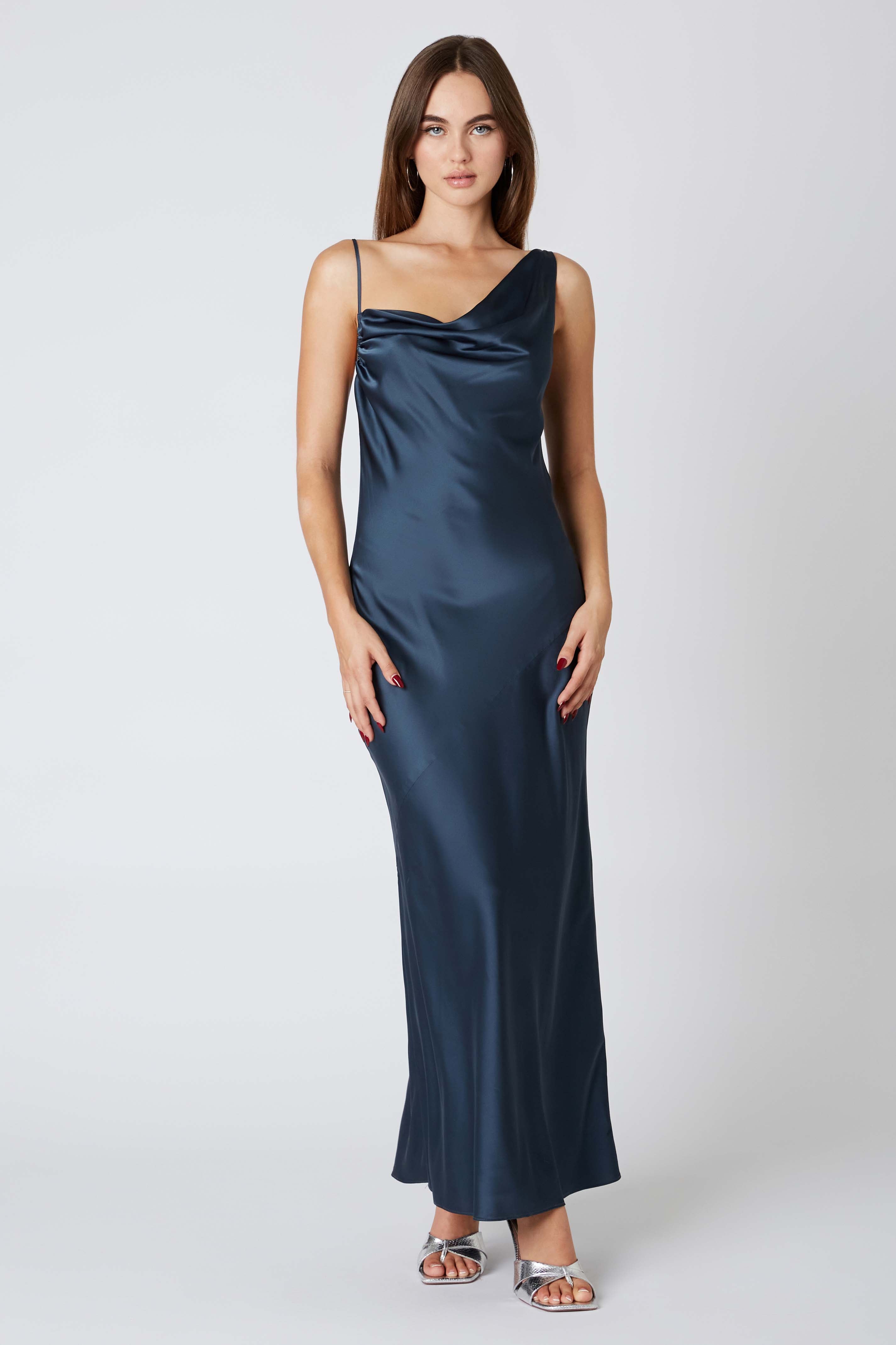 Cowlback Satin Maxi Dress in gunmetal front view