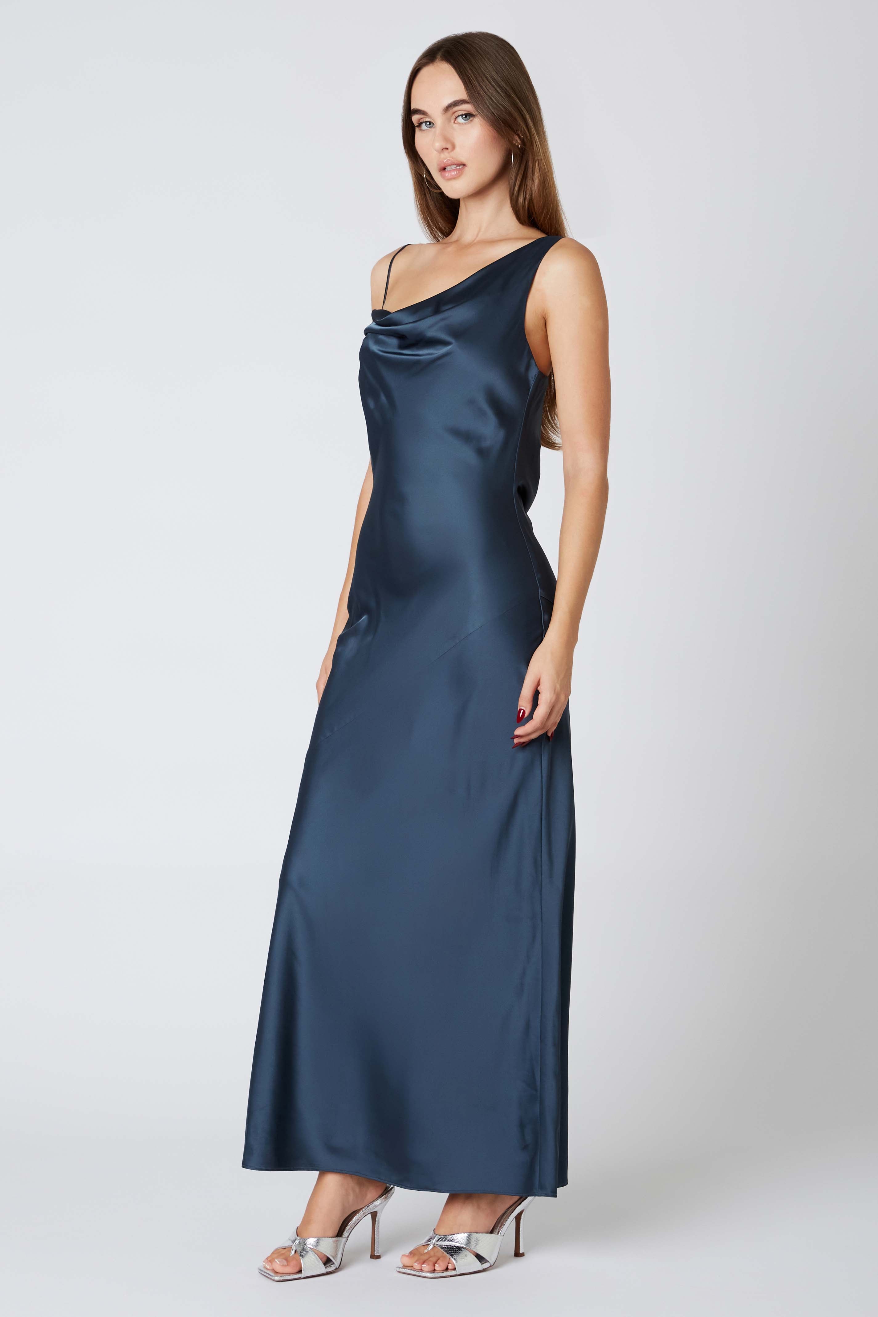 Cowlback Satin Maxi Dress in gunmetal side view