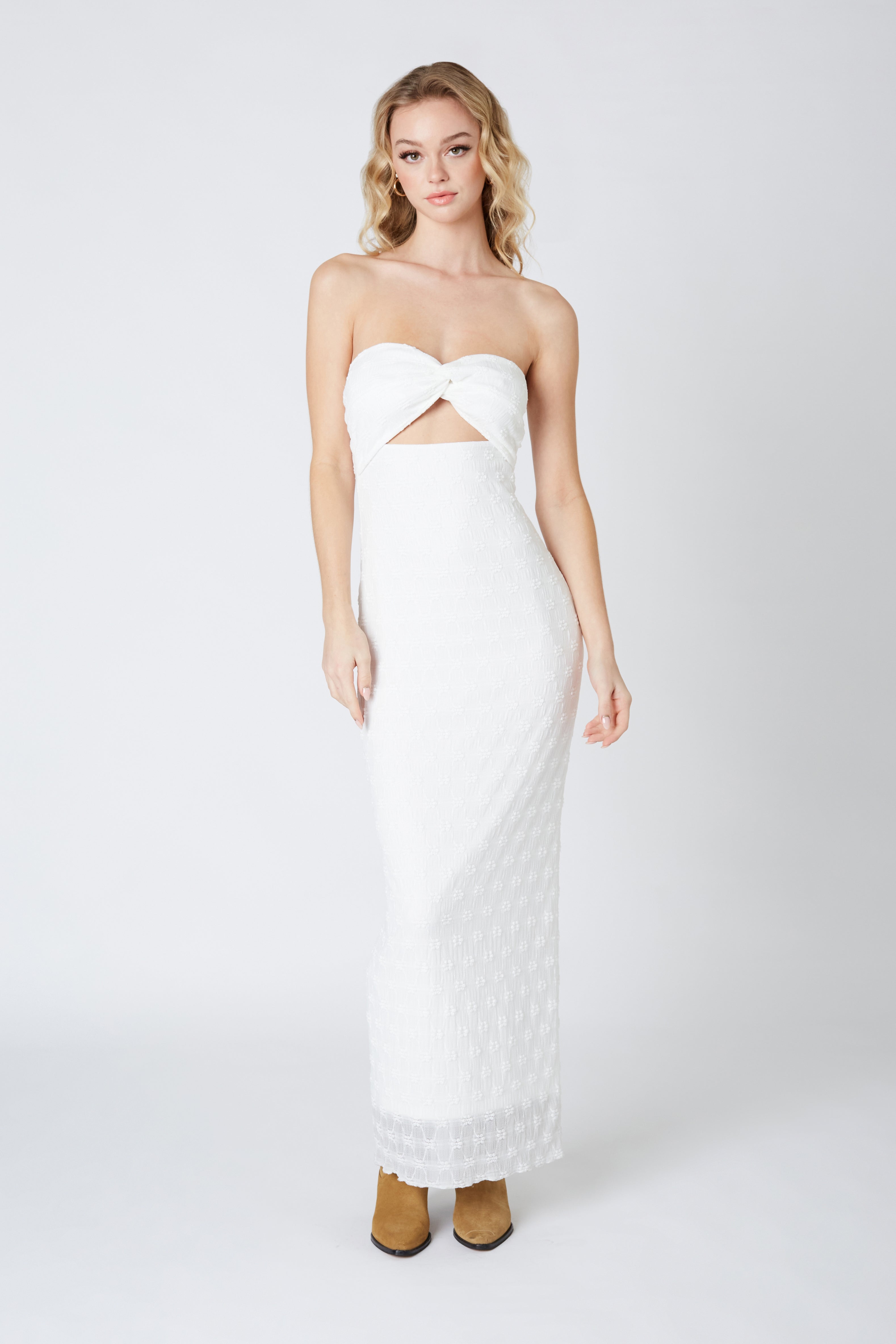Strapless Lace Cut Out Maxi Dress in White Front View