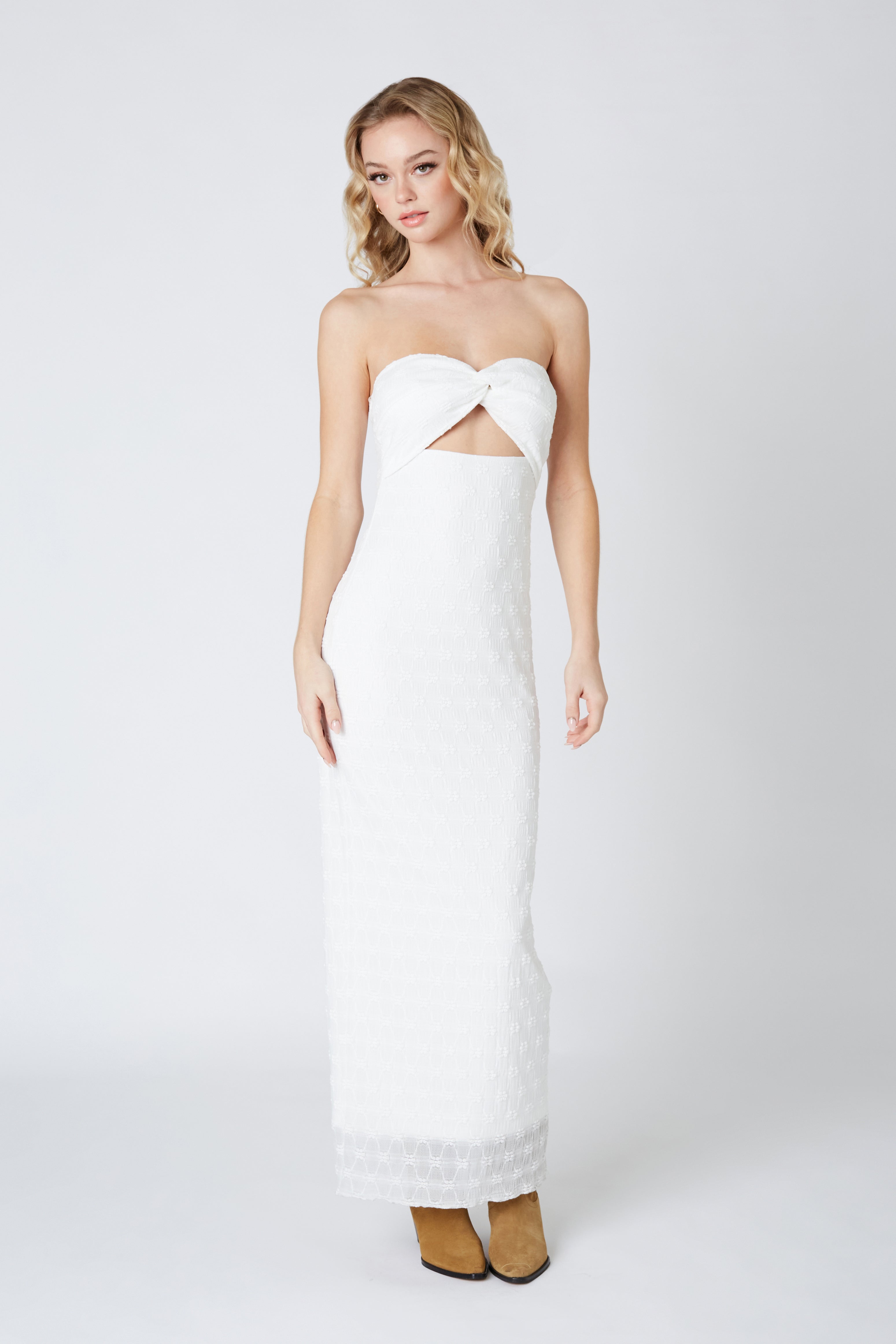 Strapless Lace Cut Out Maxi Dress in White Front View