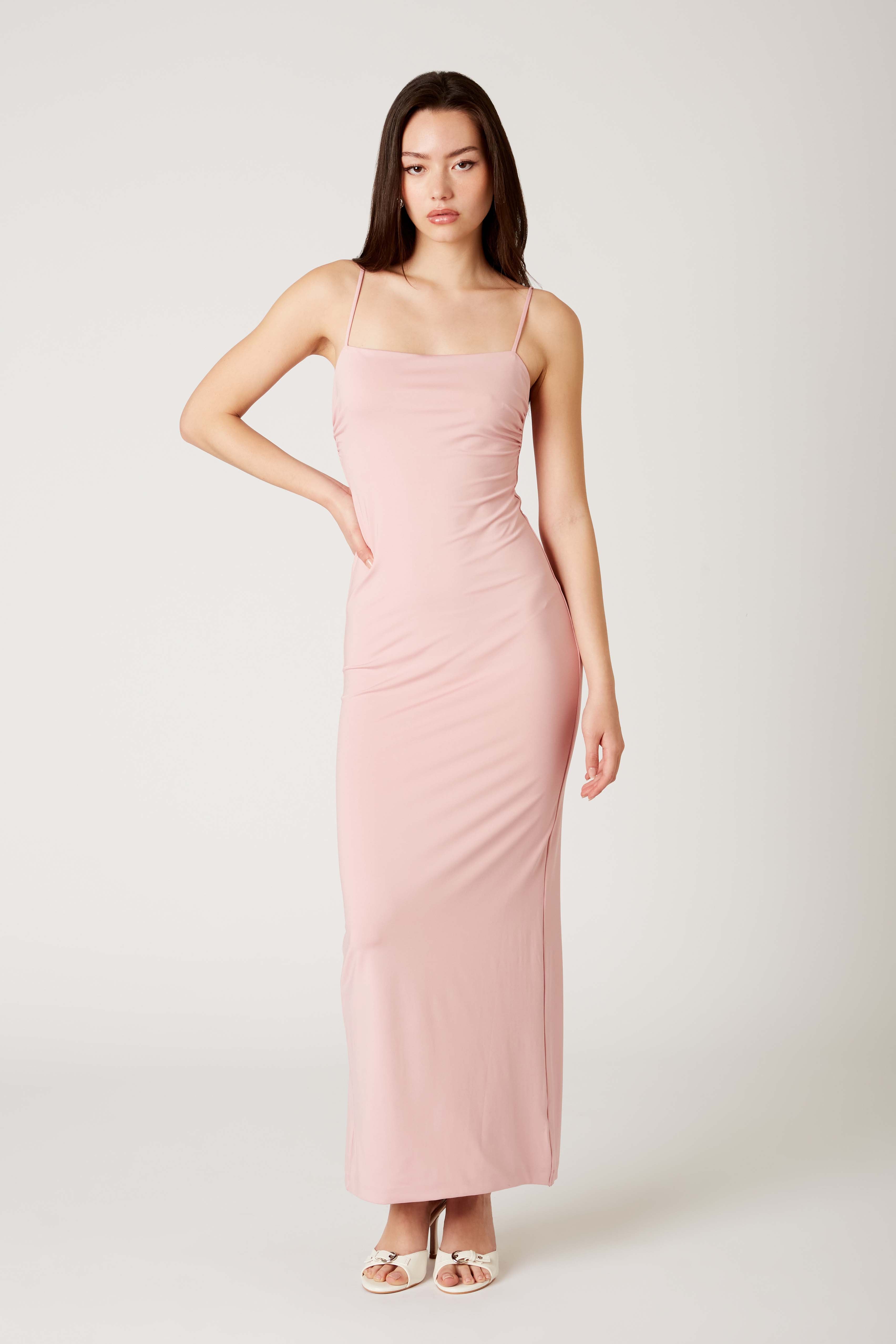 Knit Maxi Dress in cameo pink front view