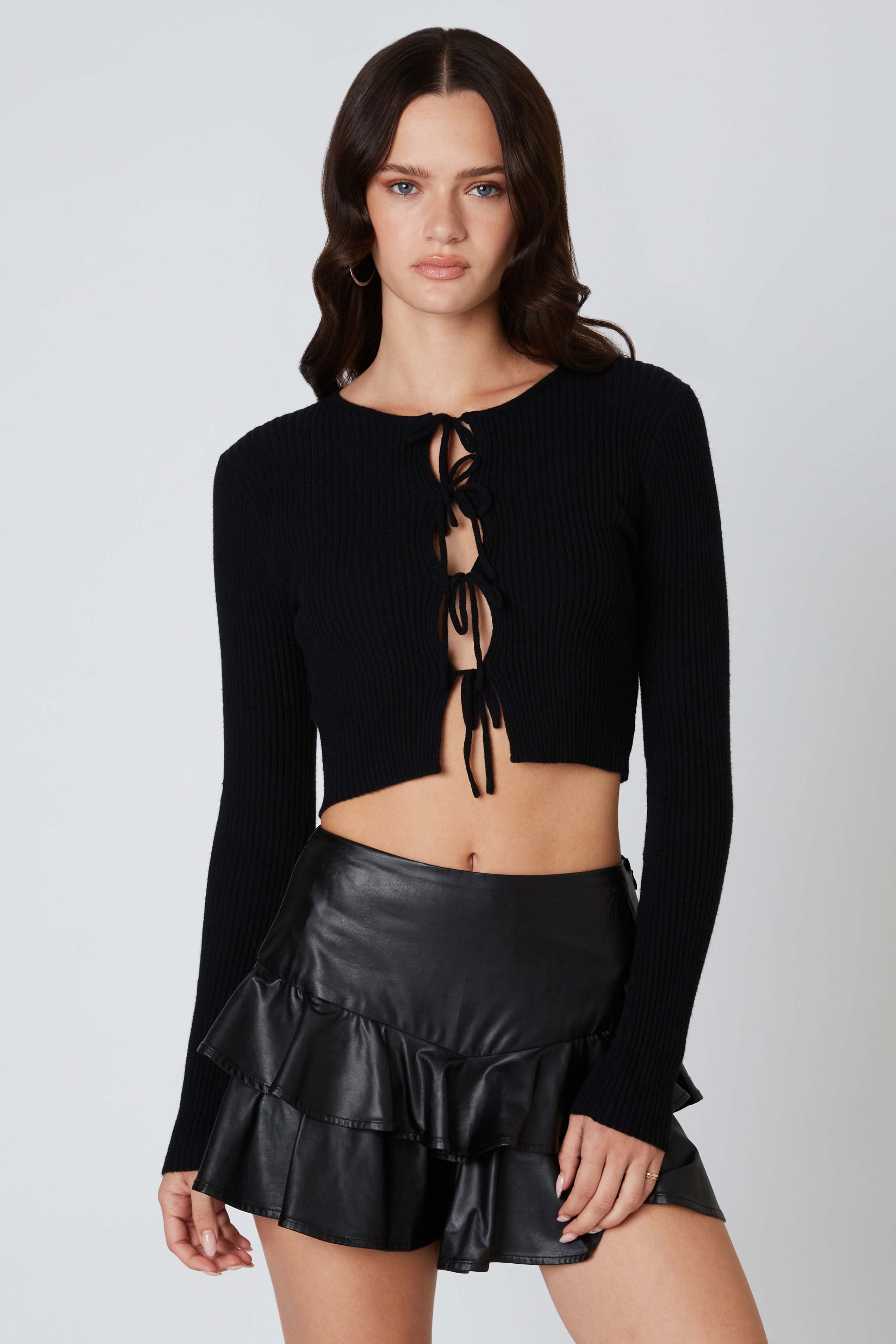 Ruffled Leather Skirt in Black Front View