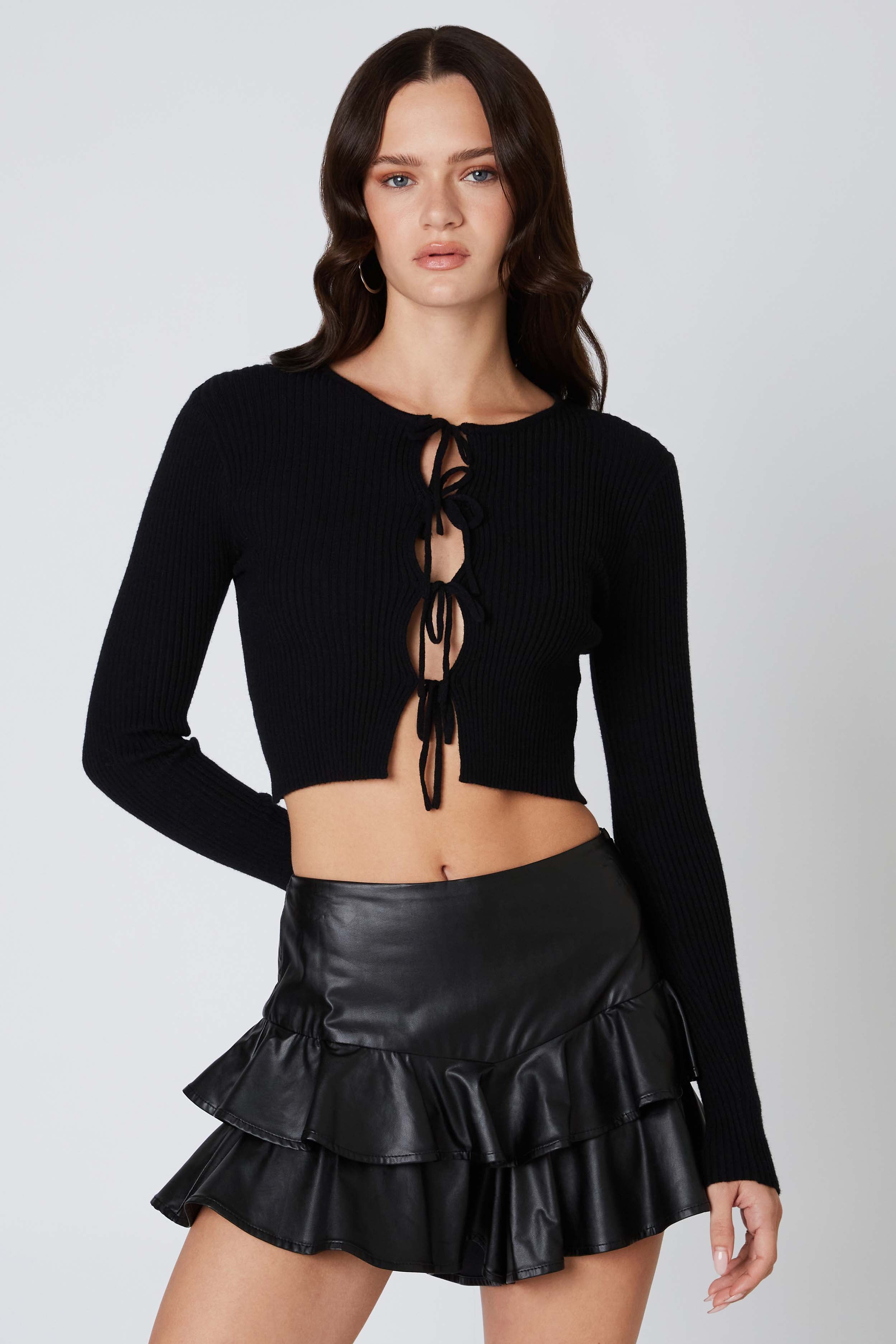 Ruffled Leather Skirt in Black Front View