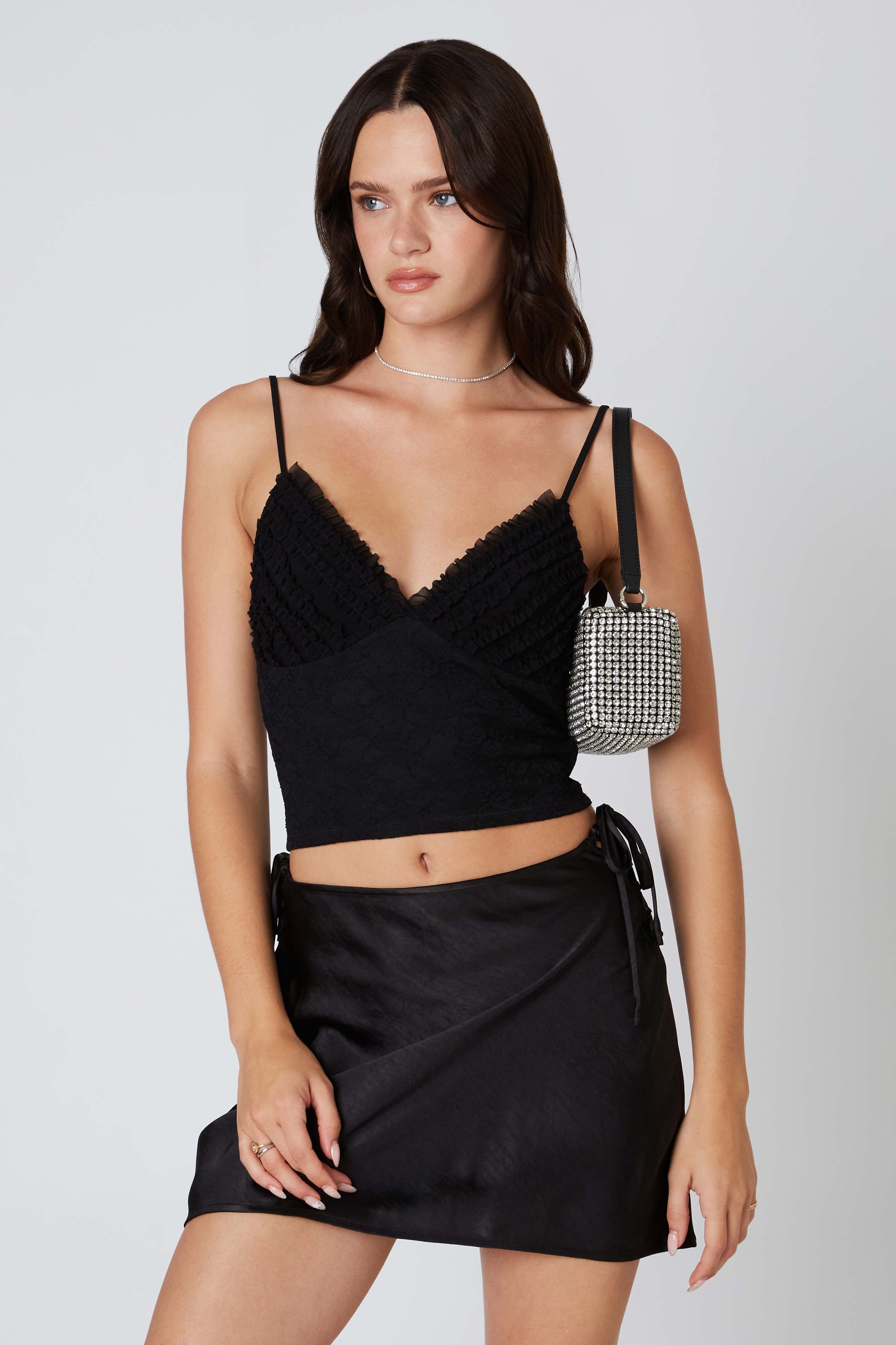 Satin Mini Skirt in Black Front View