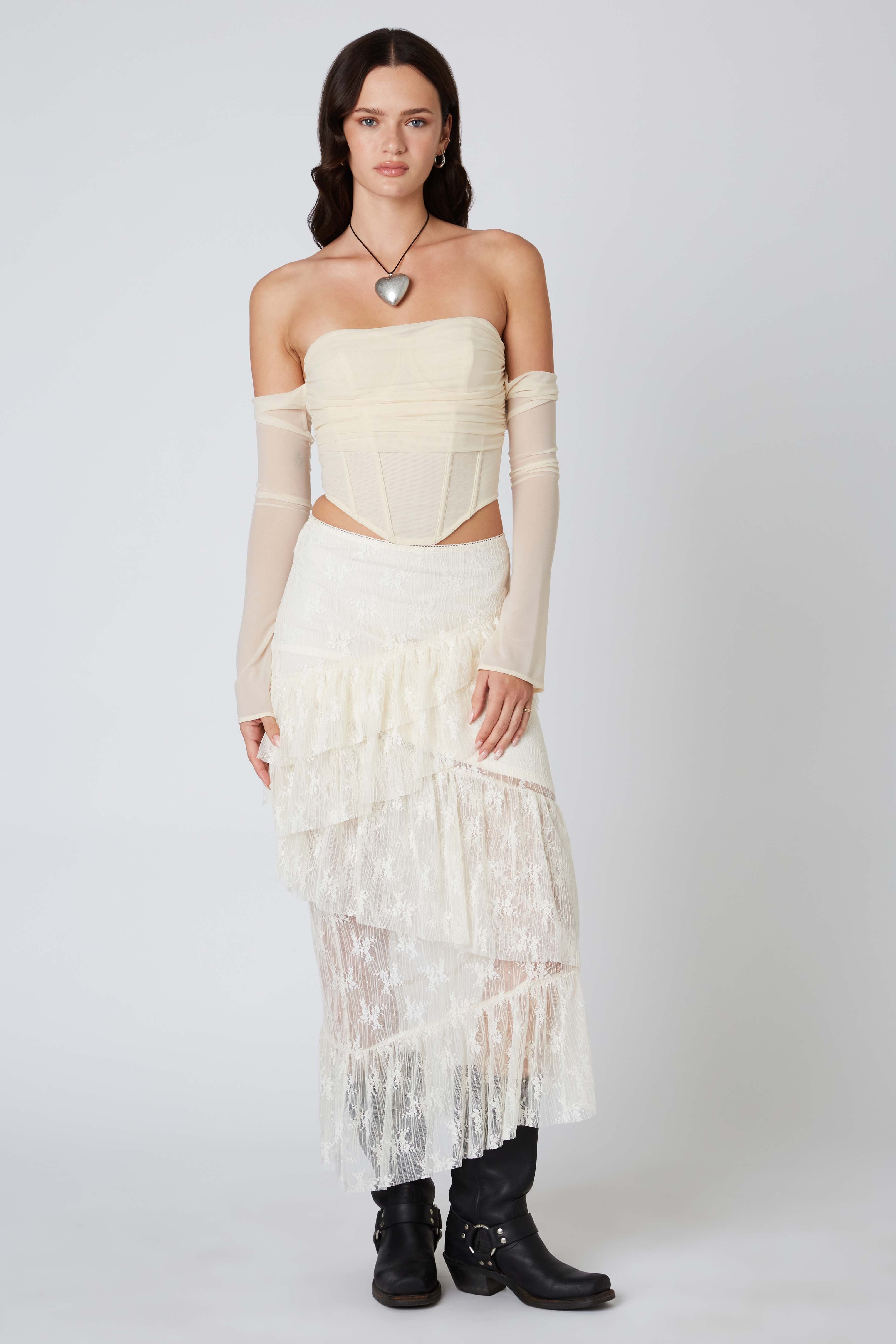 Tiered Lace Midi Skirt in Ivory Front View
