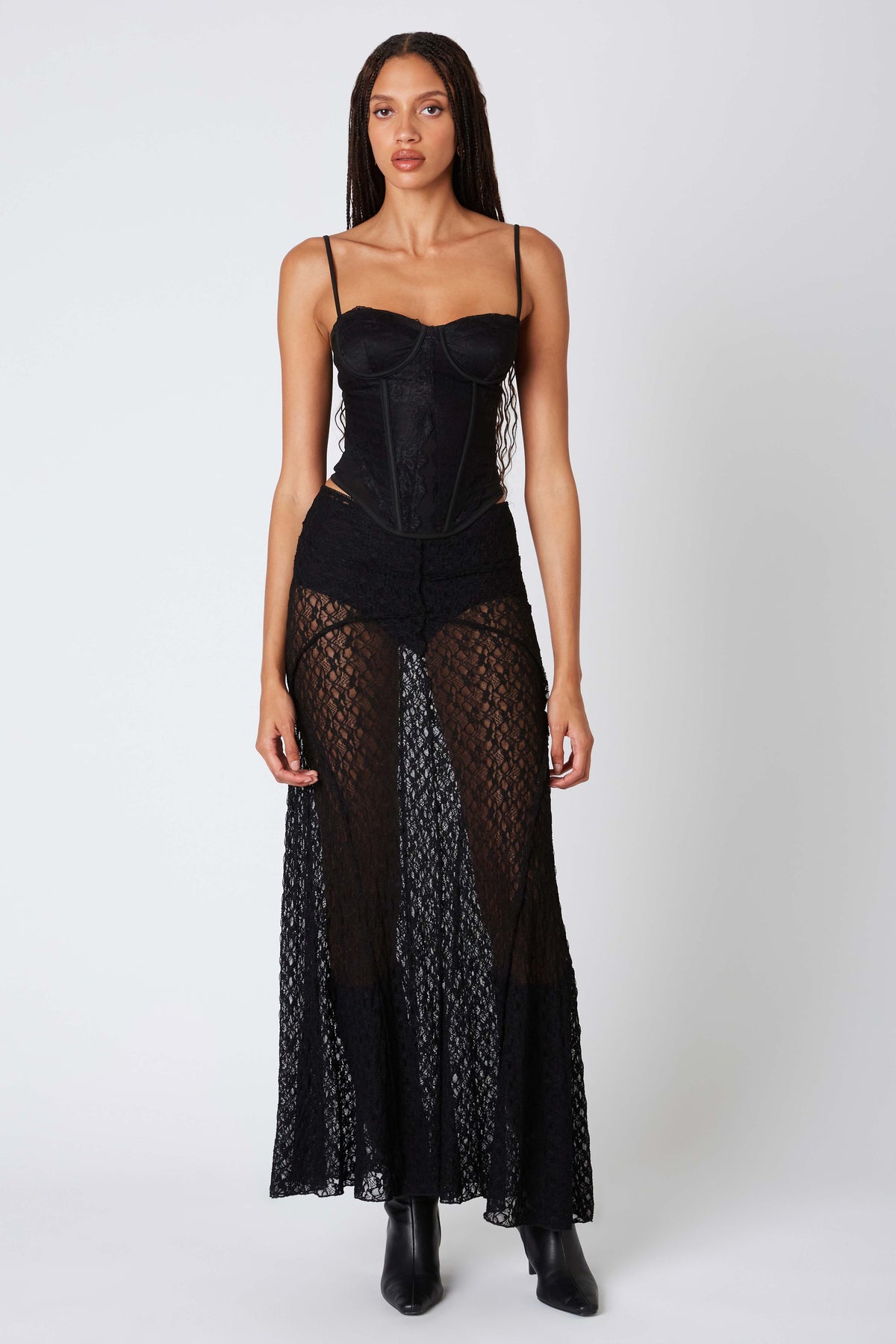Lace long sleeve solid see through slit maxi skirt set