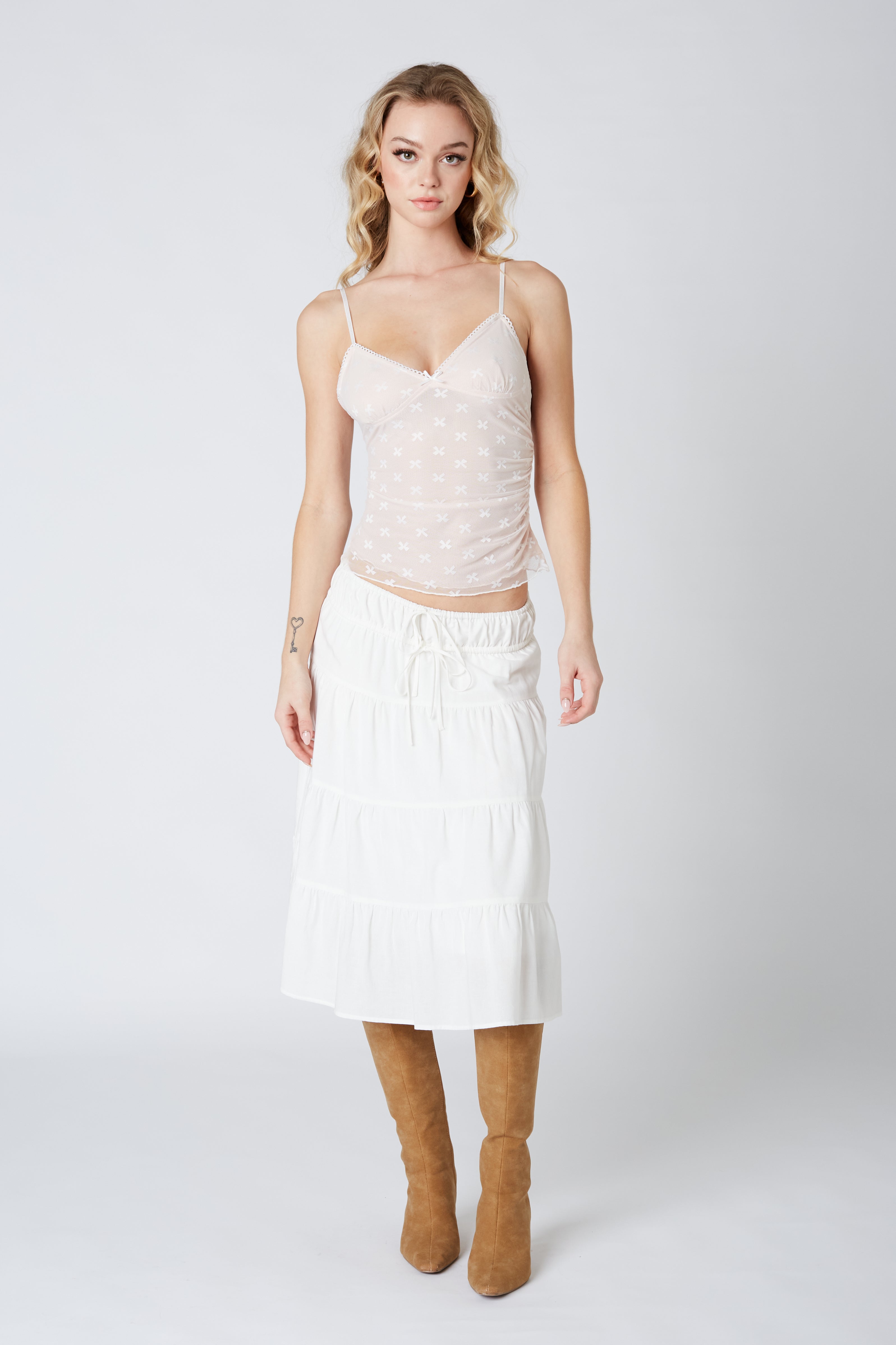 Tiered Midi Skirt in White Front View