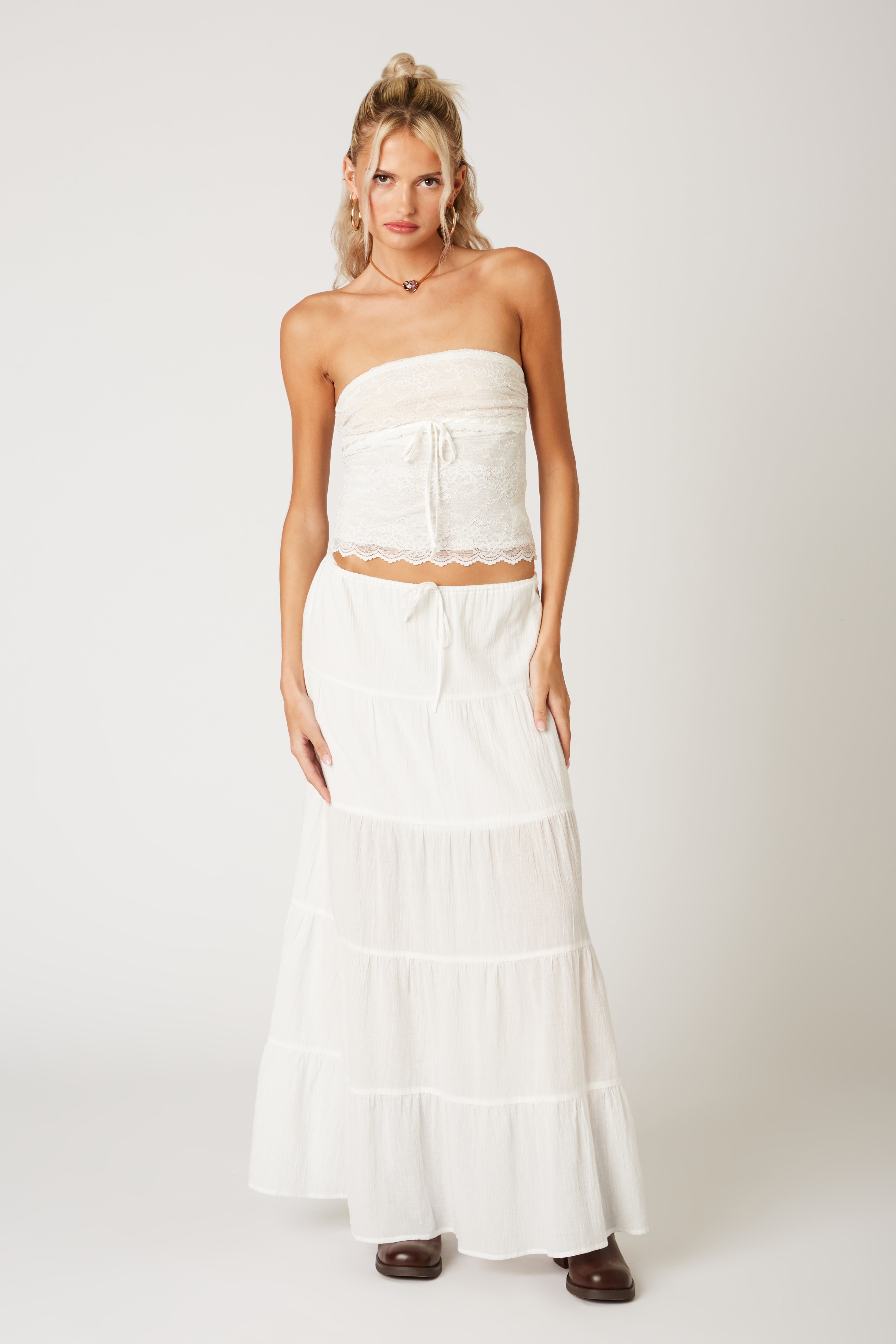 Cotton Tiered Maxi Skirt in white front view