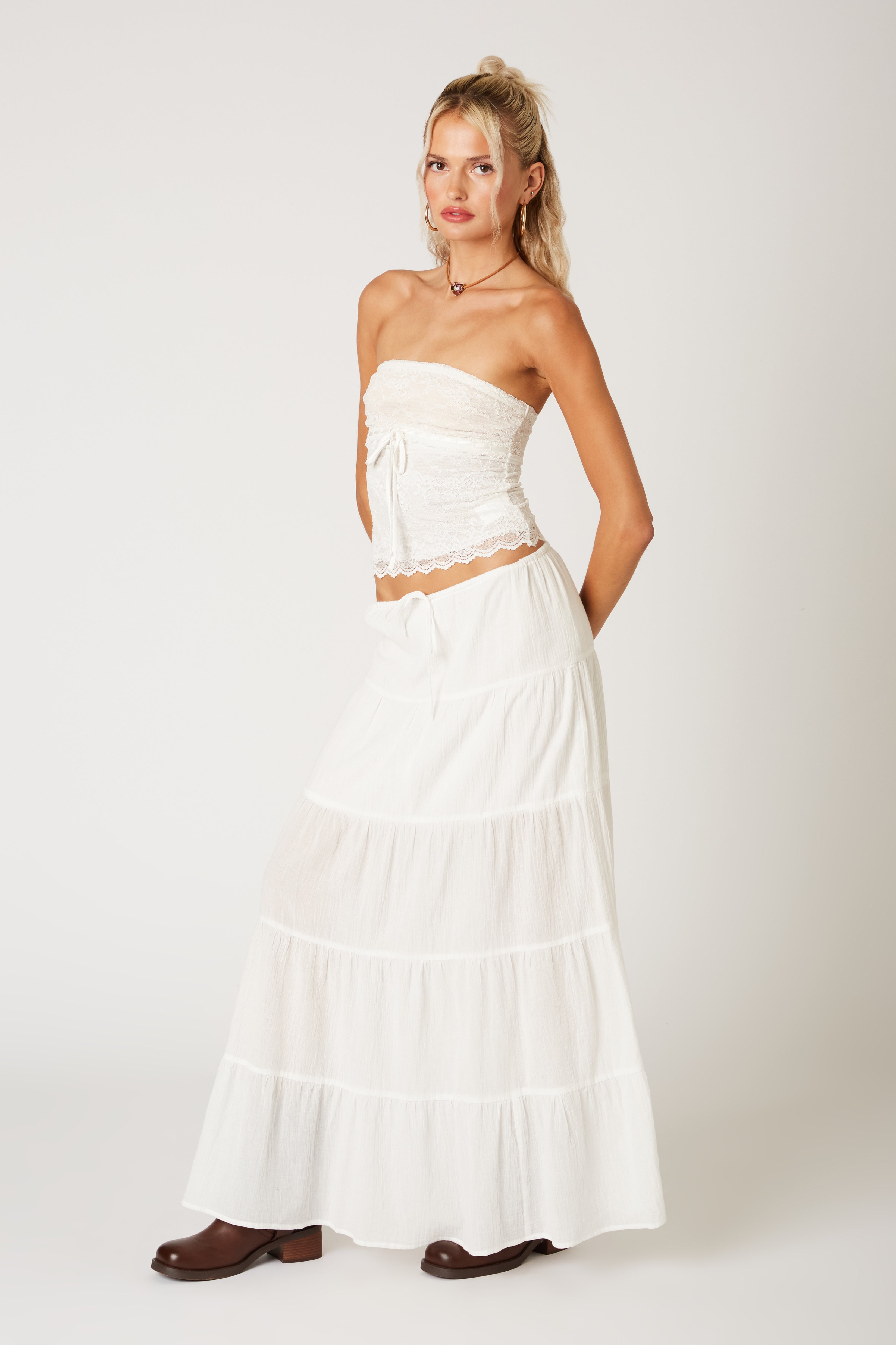 Cotton Tiered Maxi Skirt in white side view