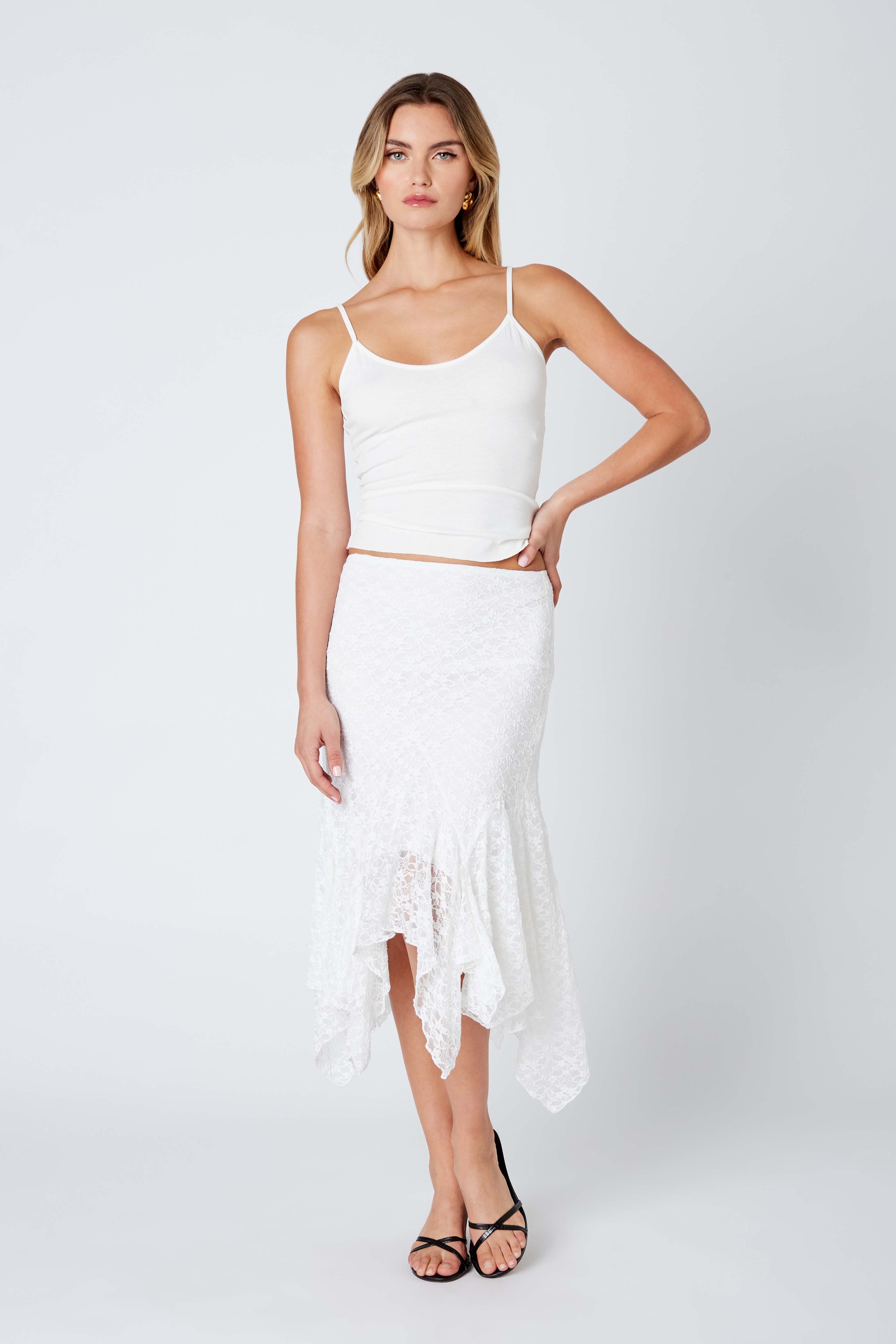 Lace Midi Skirt in White Front View