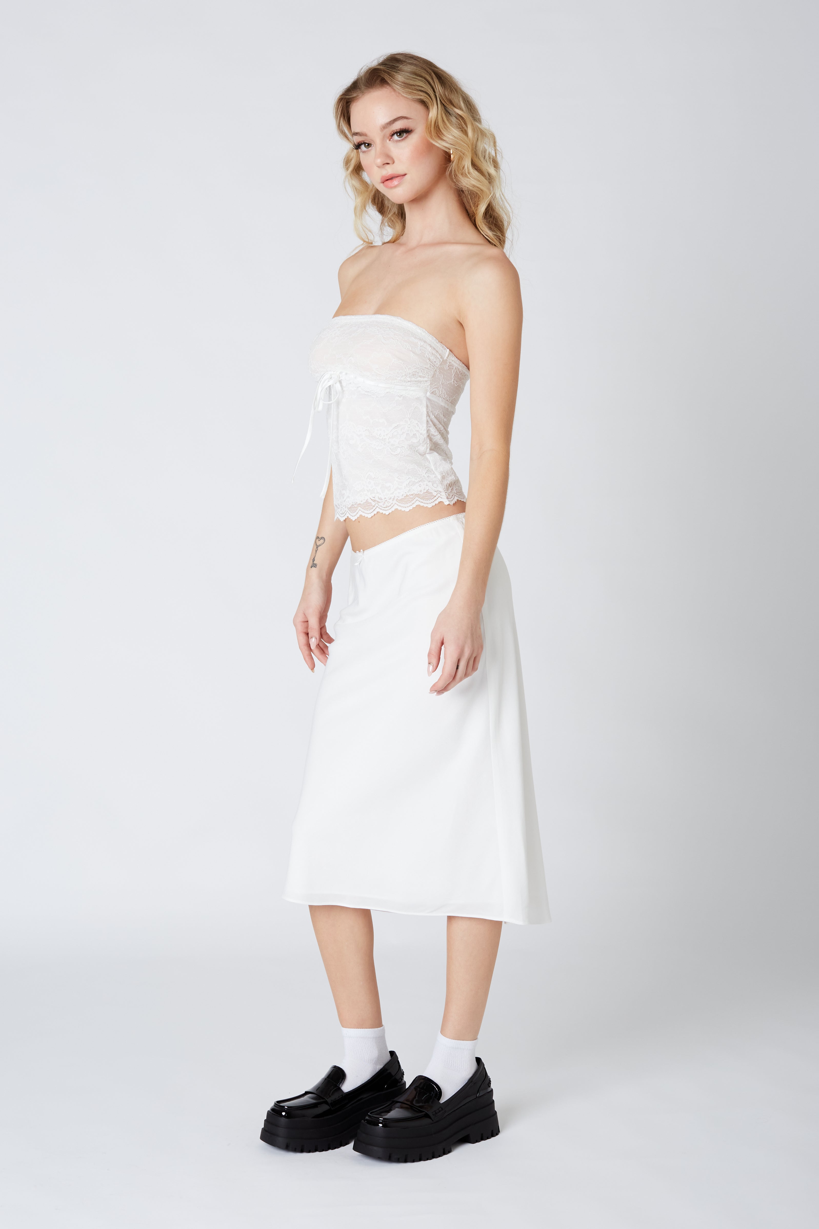 Knee Length Bias Skirt in white side view