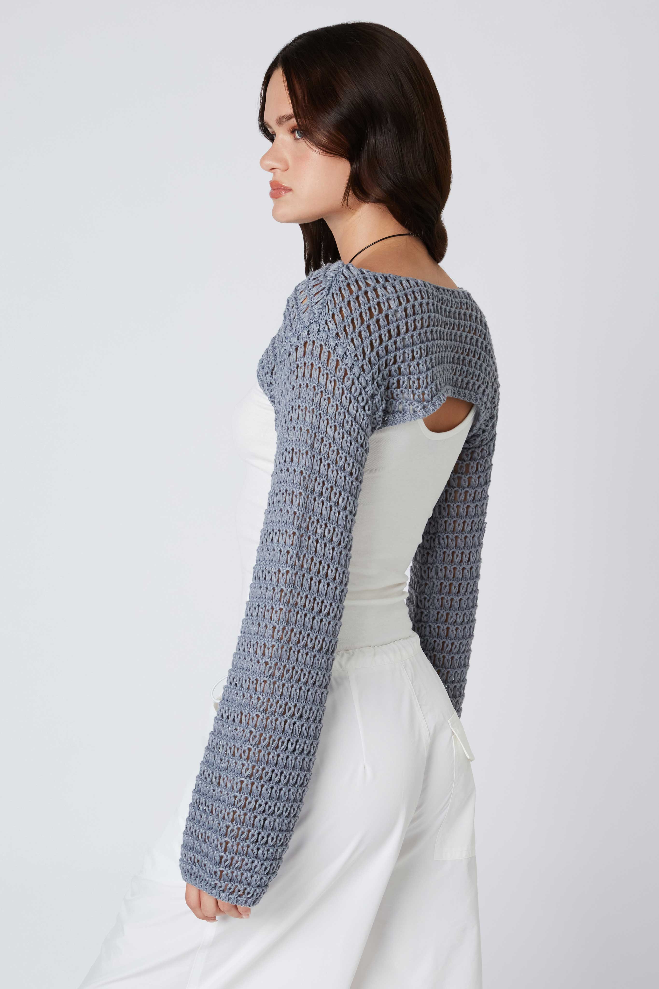 Open Knit Shrug in Dark Slate Back View