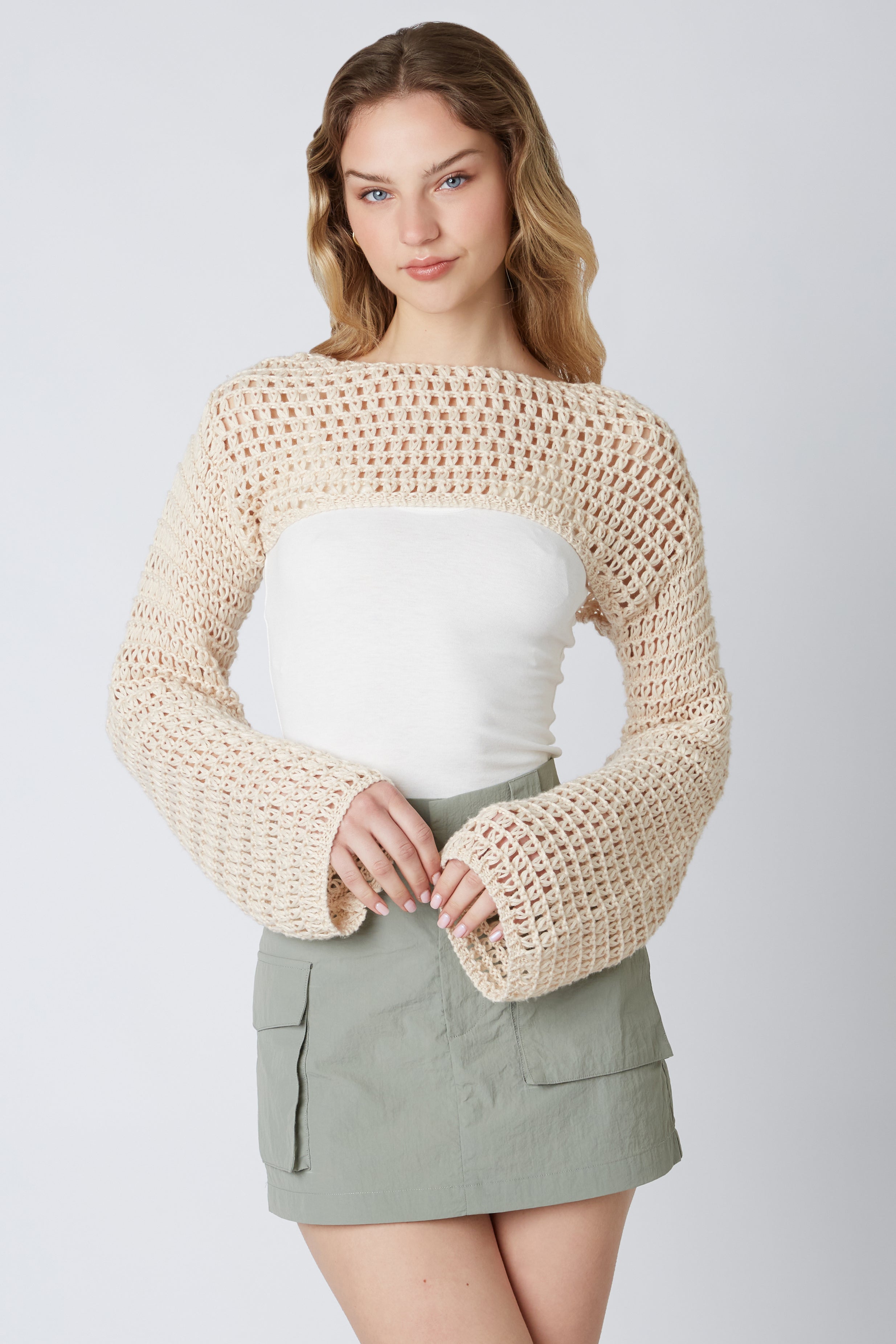 Open Knit Shrug in Natural Front