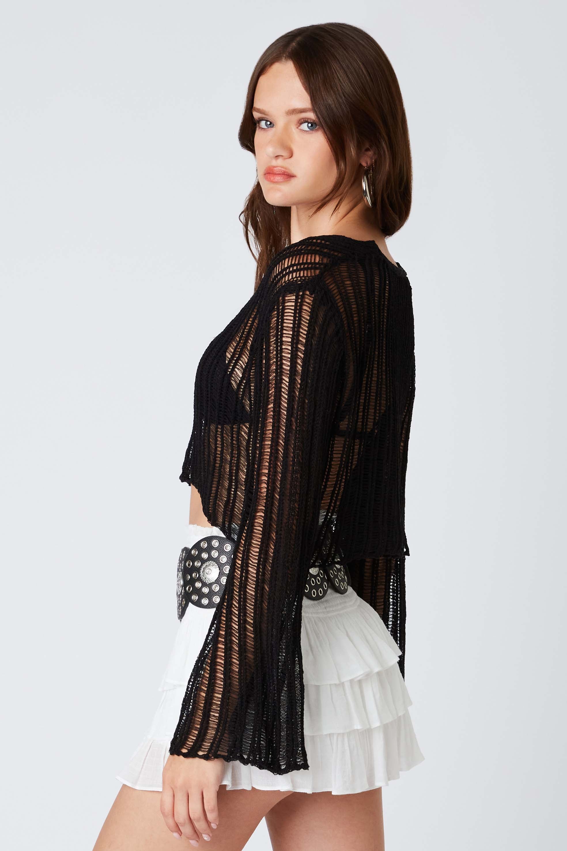 Ladder Knit Cardigan in Black Side View