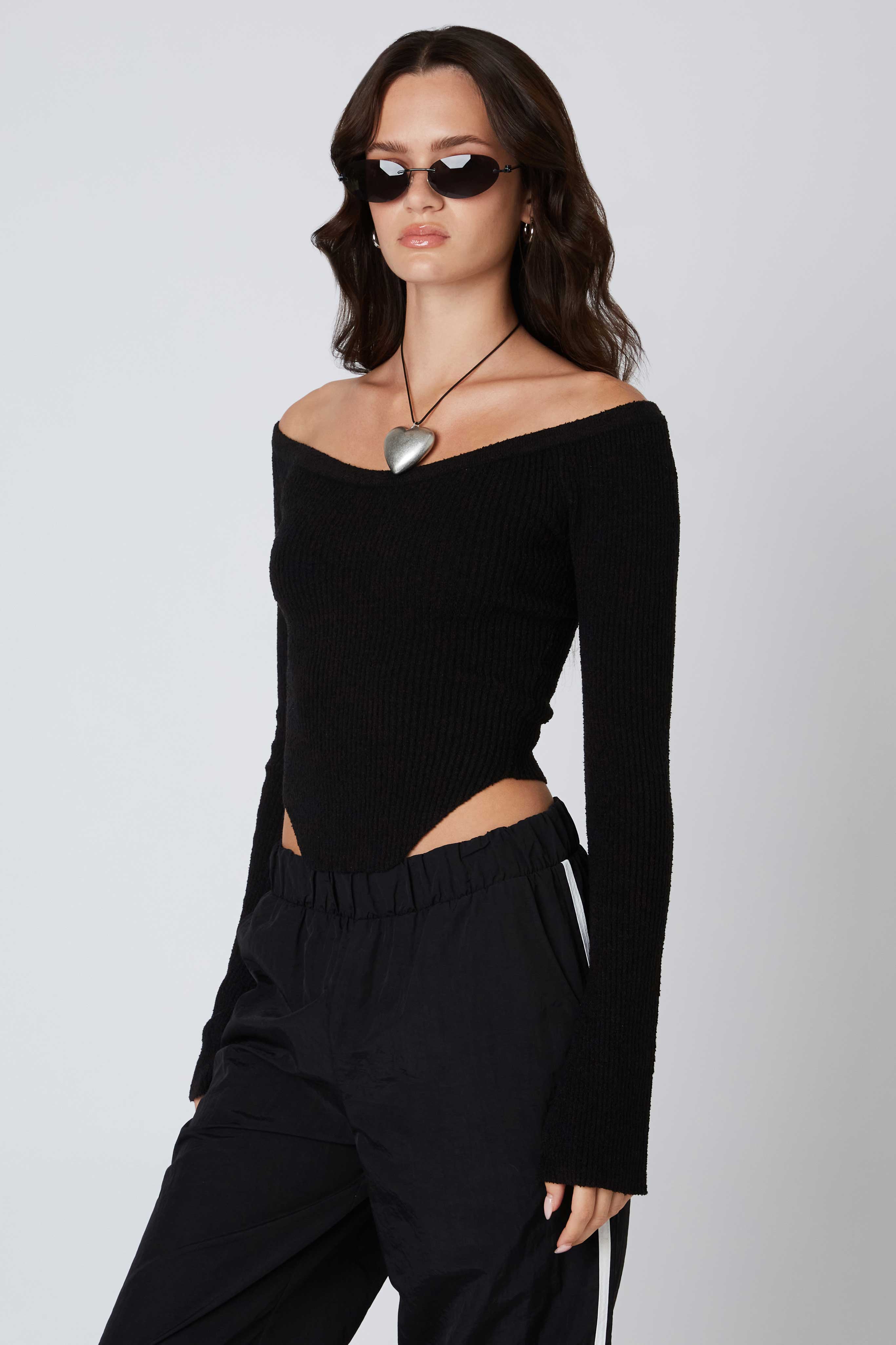 Off the Shoulder Knit Sweater in Black Side View