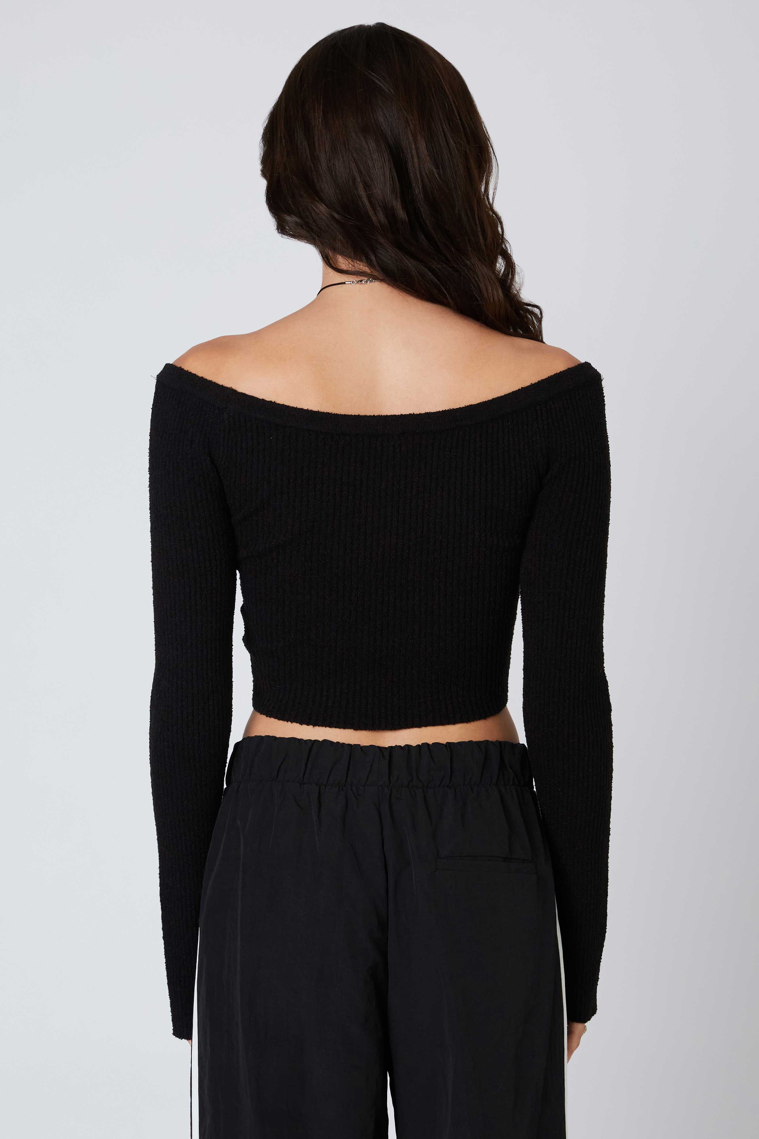 Off the Shoulder Knit Sweater in Black Back View