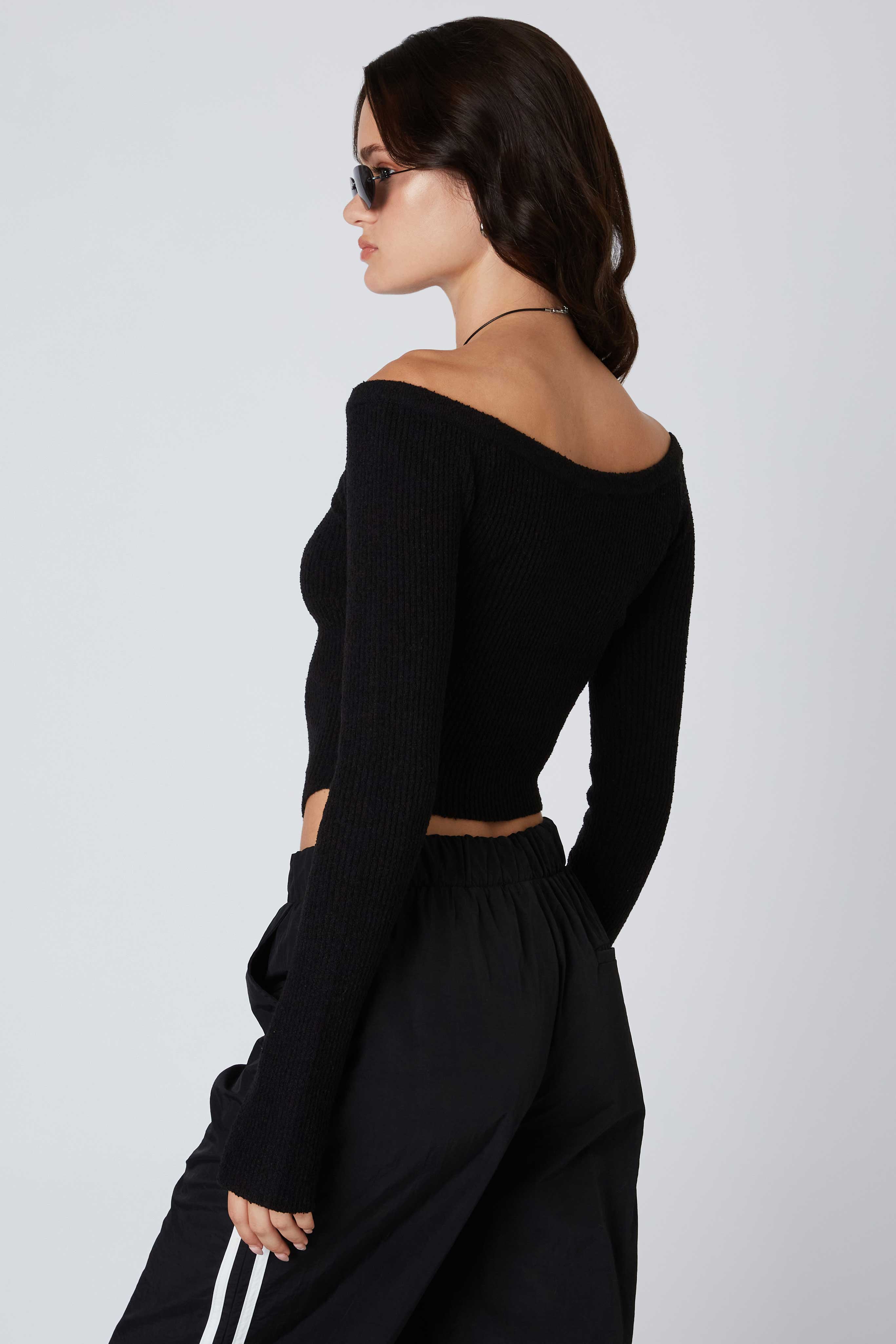 Off the Shoulder Knit Sweater in Black Back View