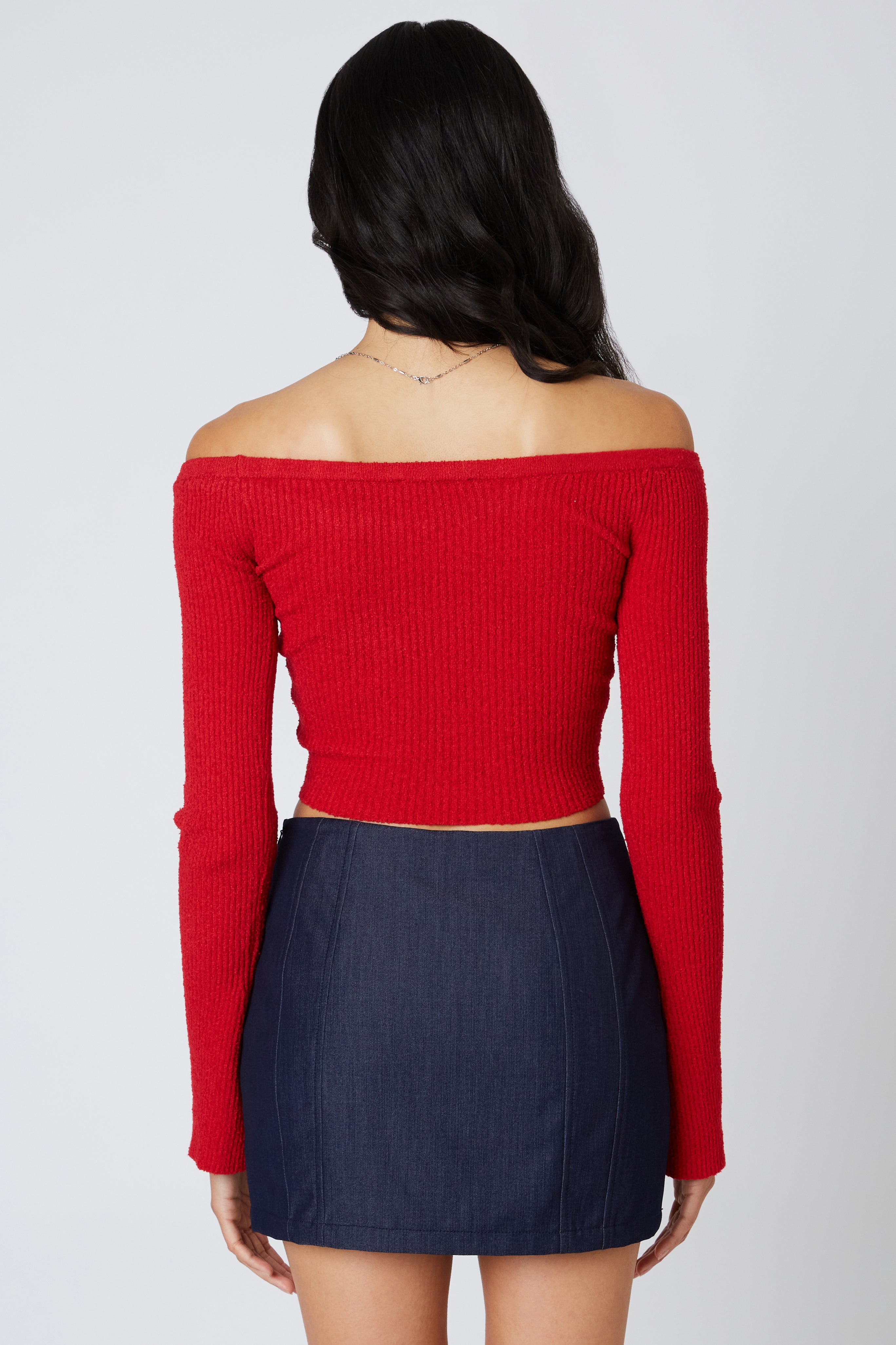 Off the Shoulder Knit Sweater in Red Back View