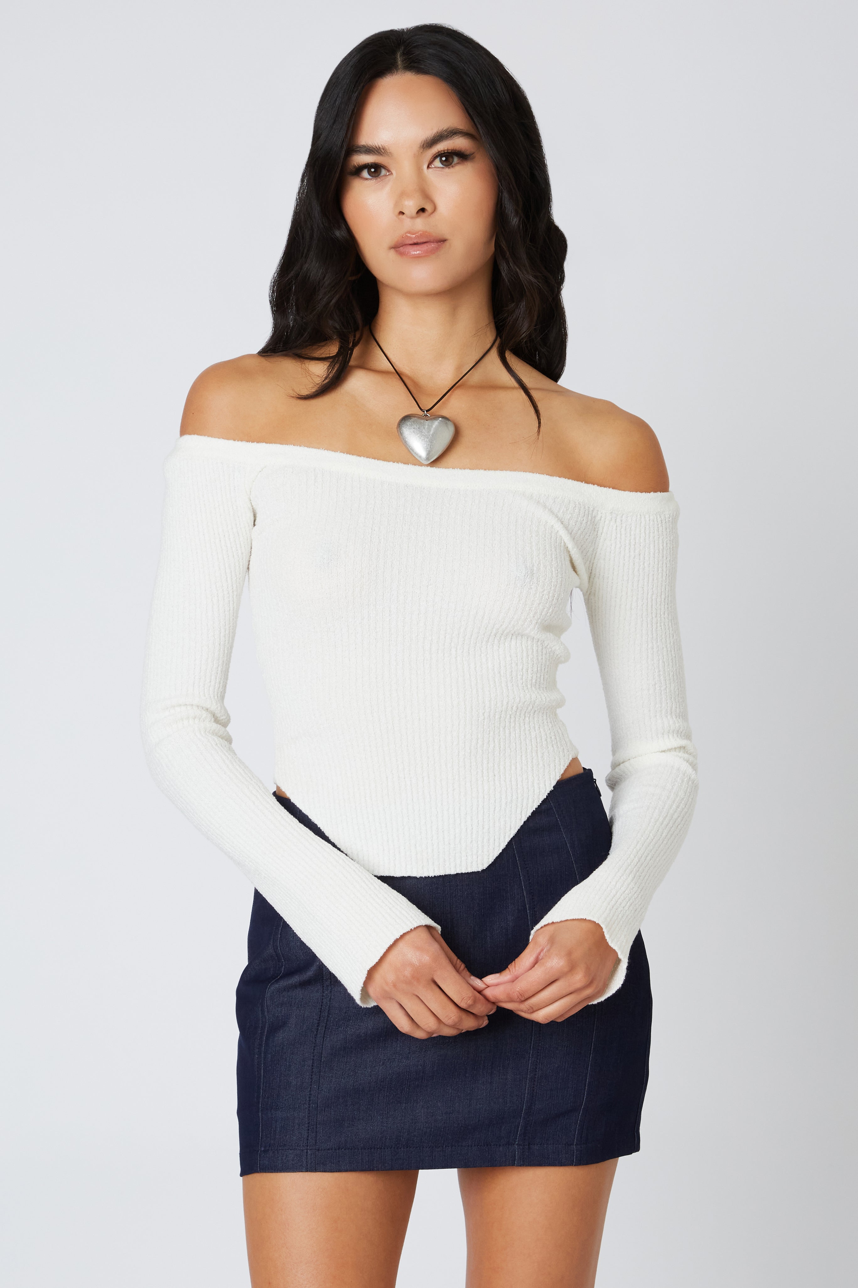 Off the Shoulder Knit Sweater in White Front View