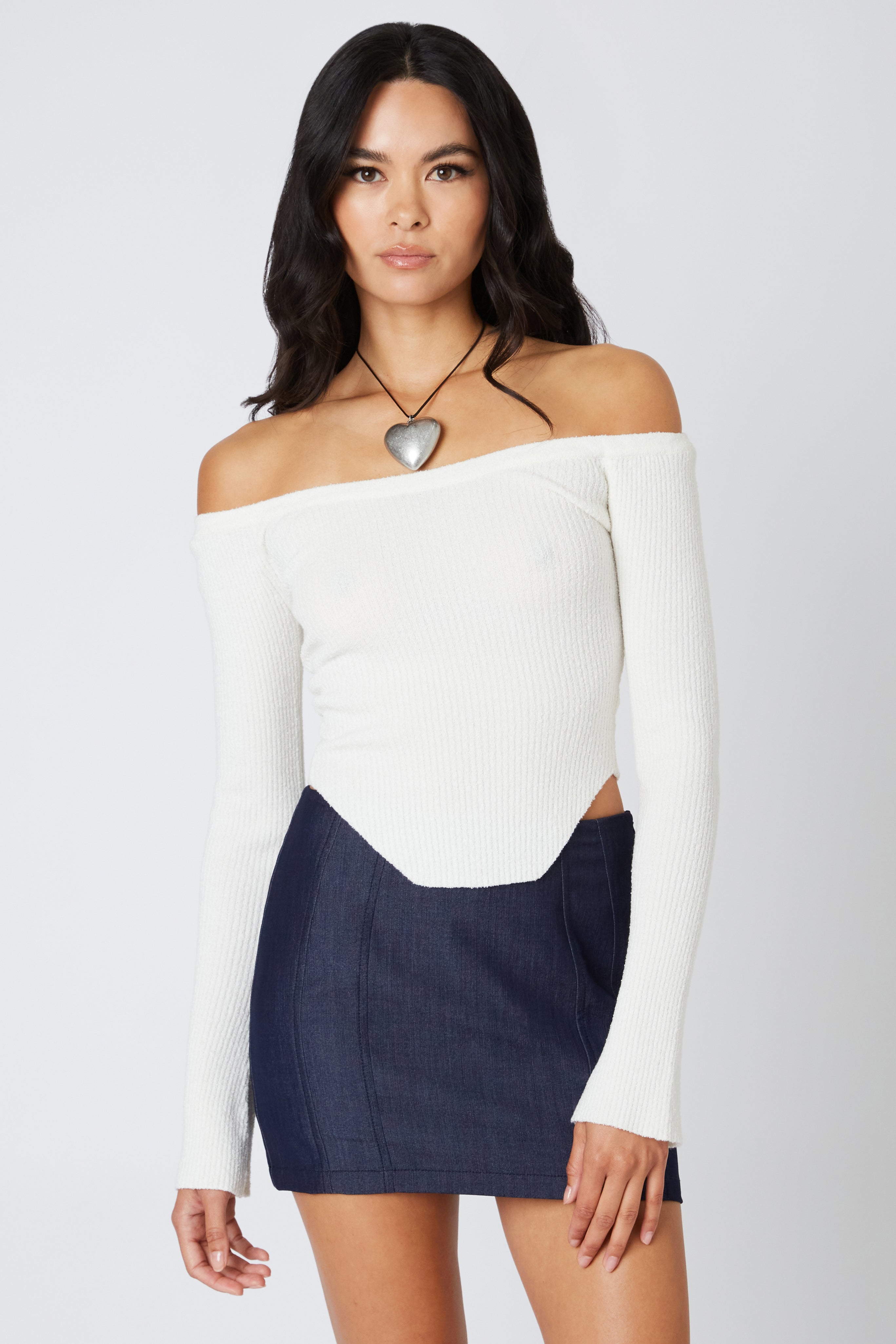Off the Shoulder Knit Sweater in White Front View