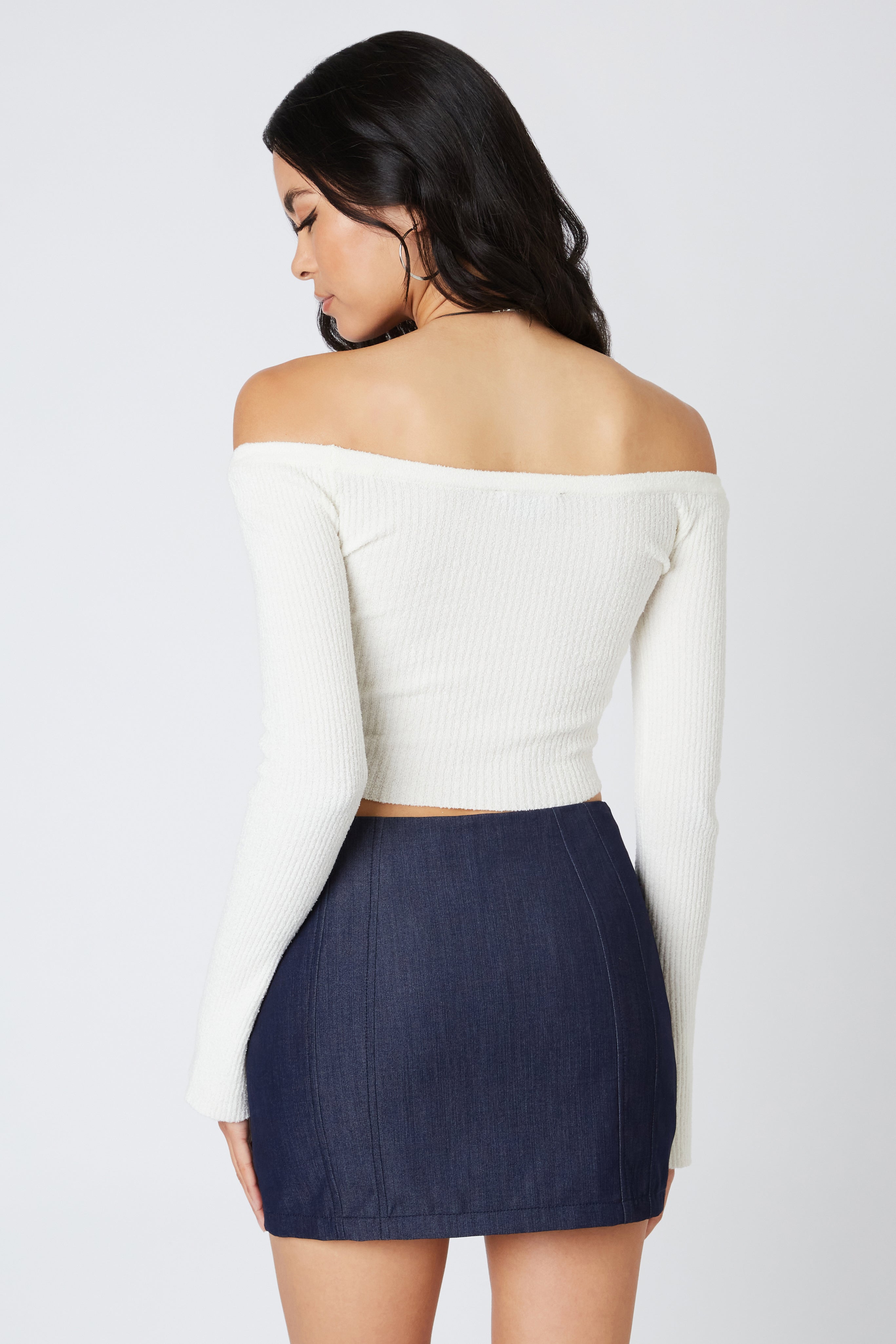 Off the Shoulder Knit Sweater in White Back View