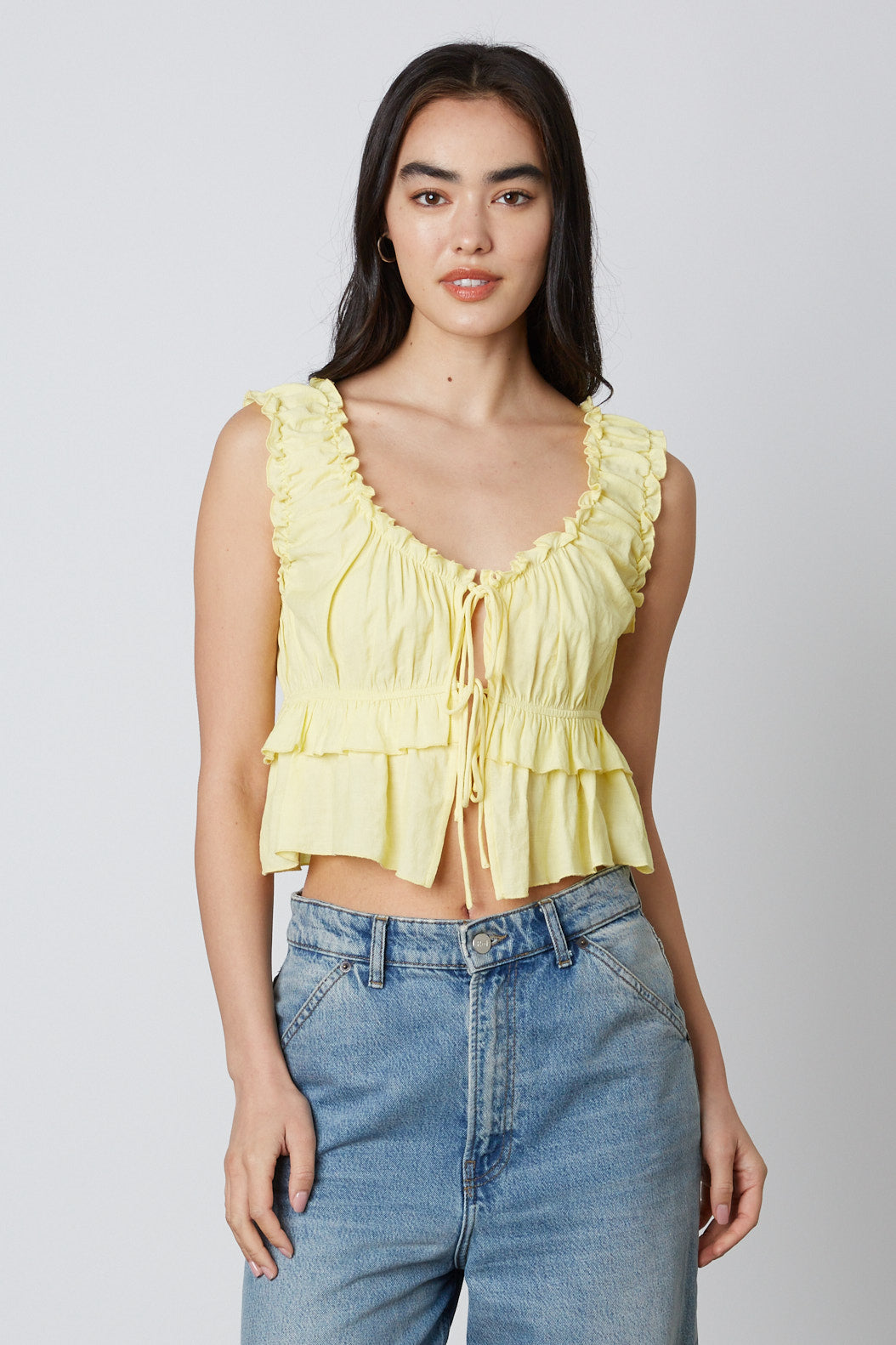 Ruffled Peplum Top in Lemon Front View