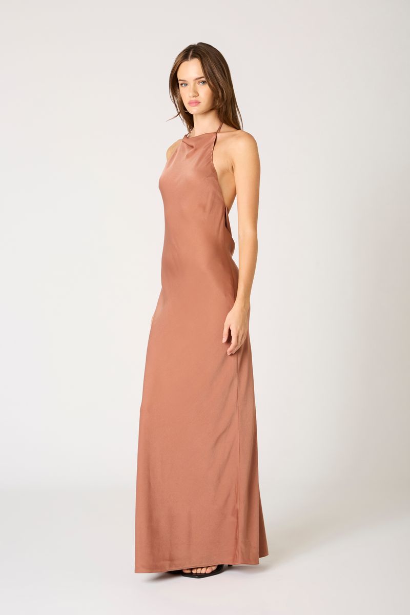 High-Neck Cowl Back Gown in mocha side view