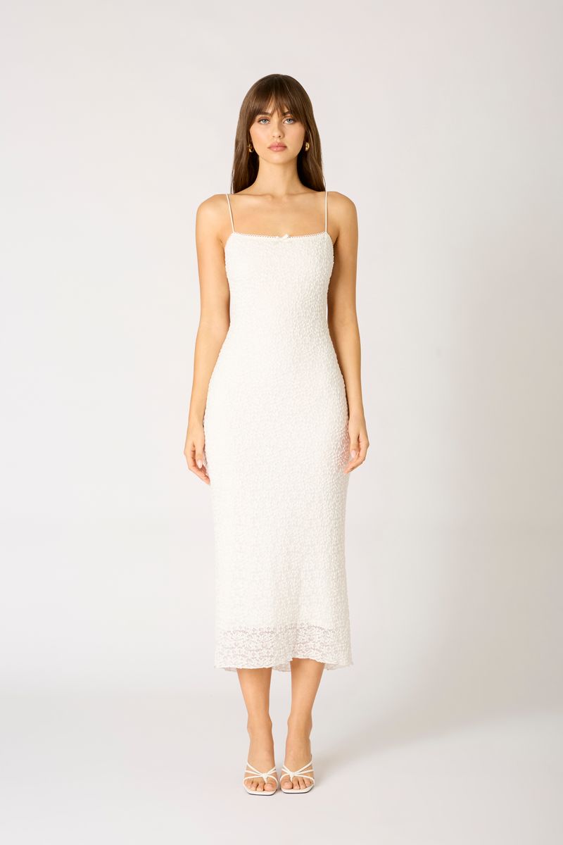 Textured Midi Dress in white front view