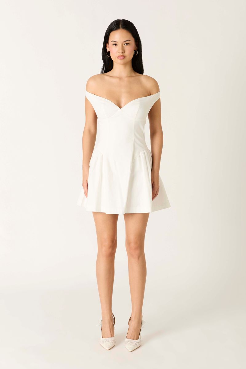 Off-Shoulder A-line Mini Dress in white front view
