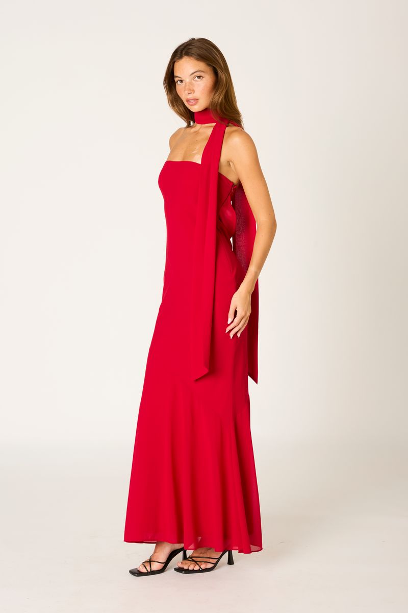 Strapless Chiffon Gown in crimson side view