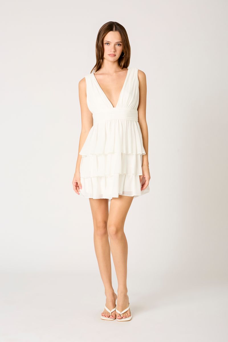 V Neck Tiered Mini Dress in white front view