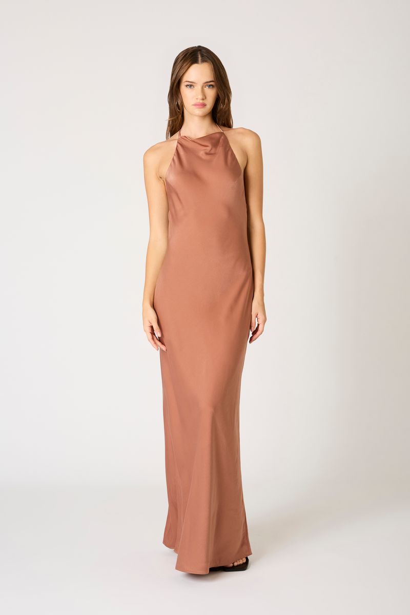High-Neck Cowl Back Gown in mocha front view