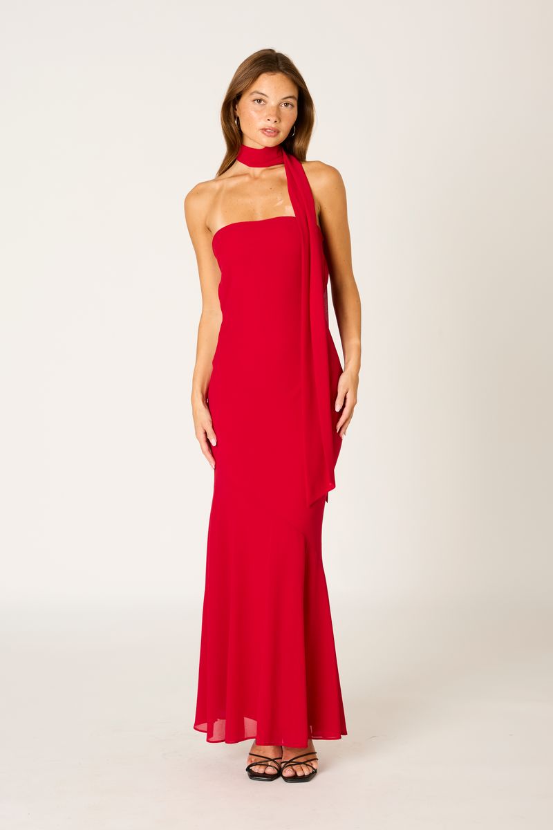 Strapless Chiffon Gown in crimson front view
