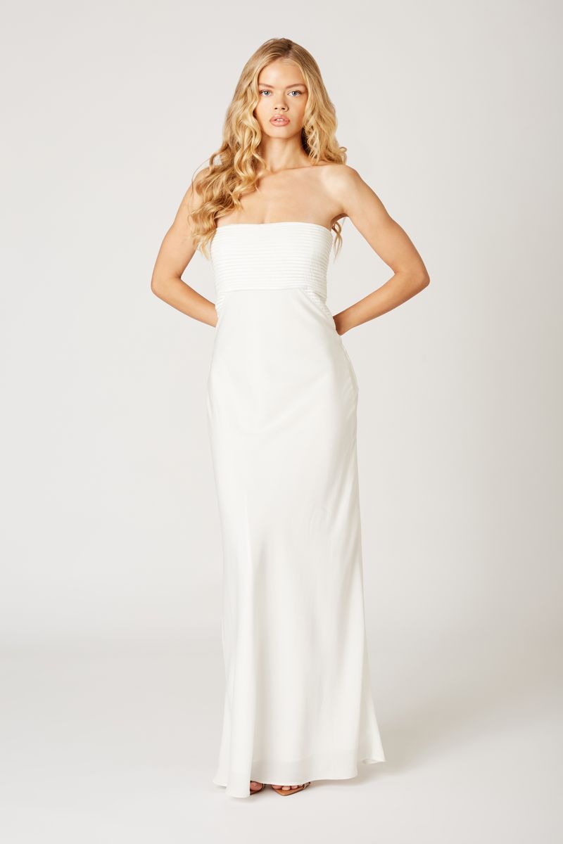 Pleated Strapless Gown in white front view