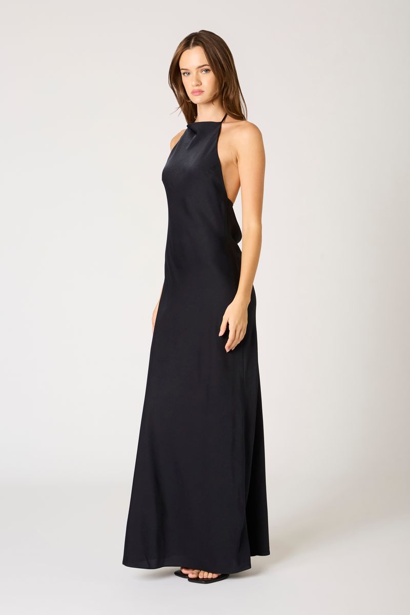 High-Neck Cowl Back Gown in midnight side view