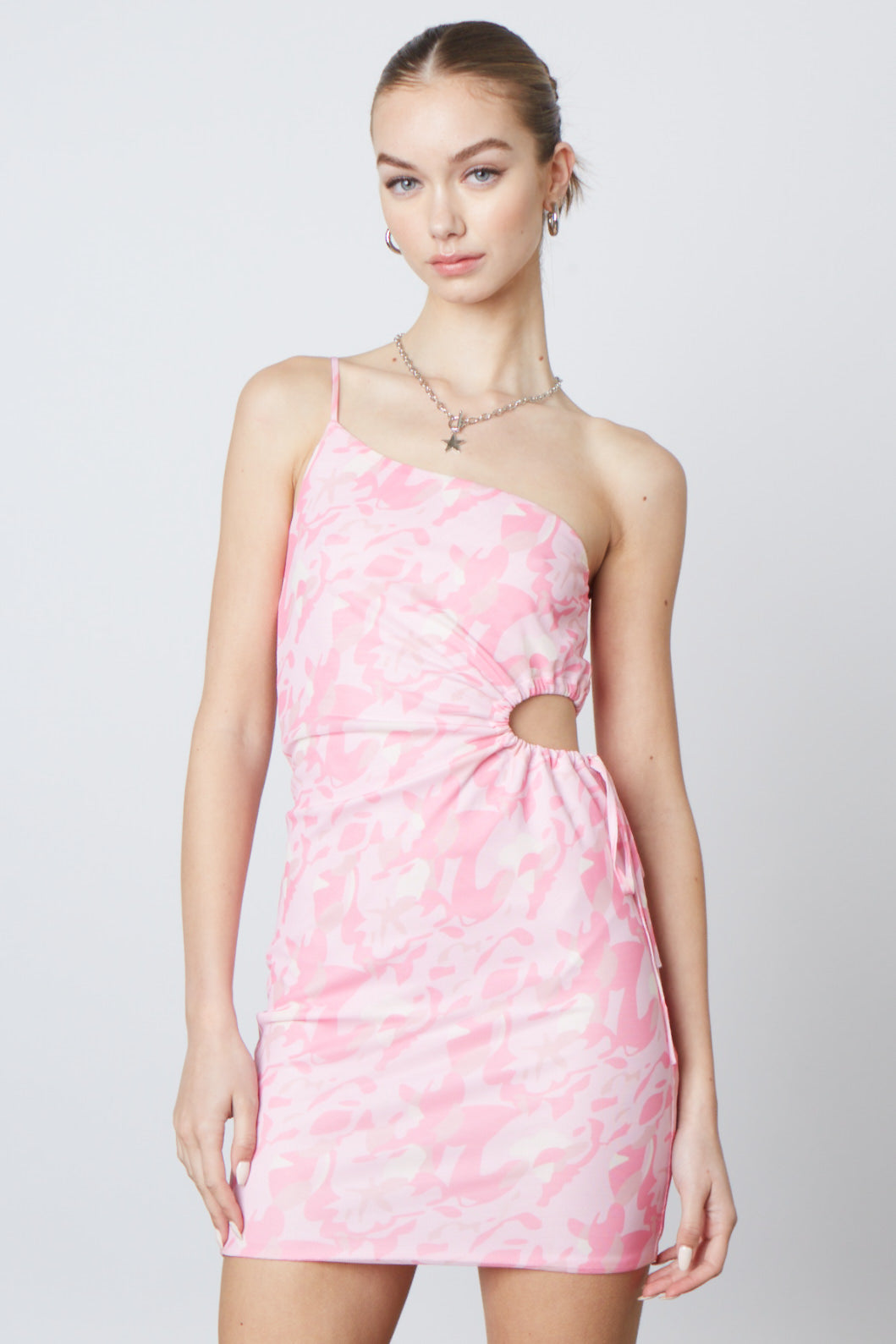Asymmetrical Cut Out Mini Dress in Pink Front View