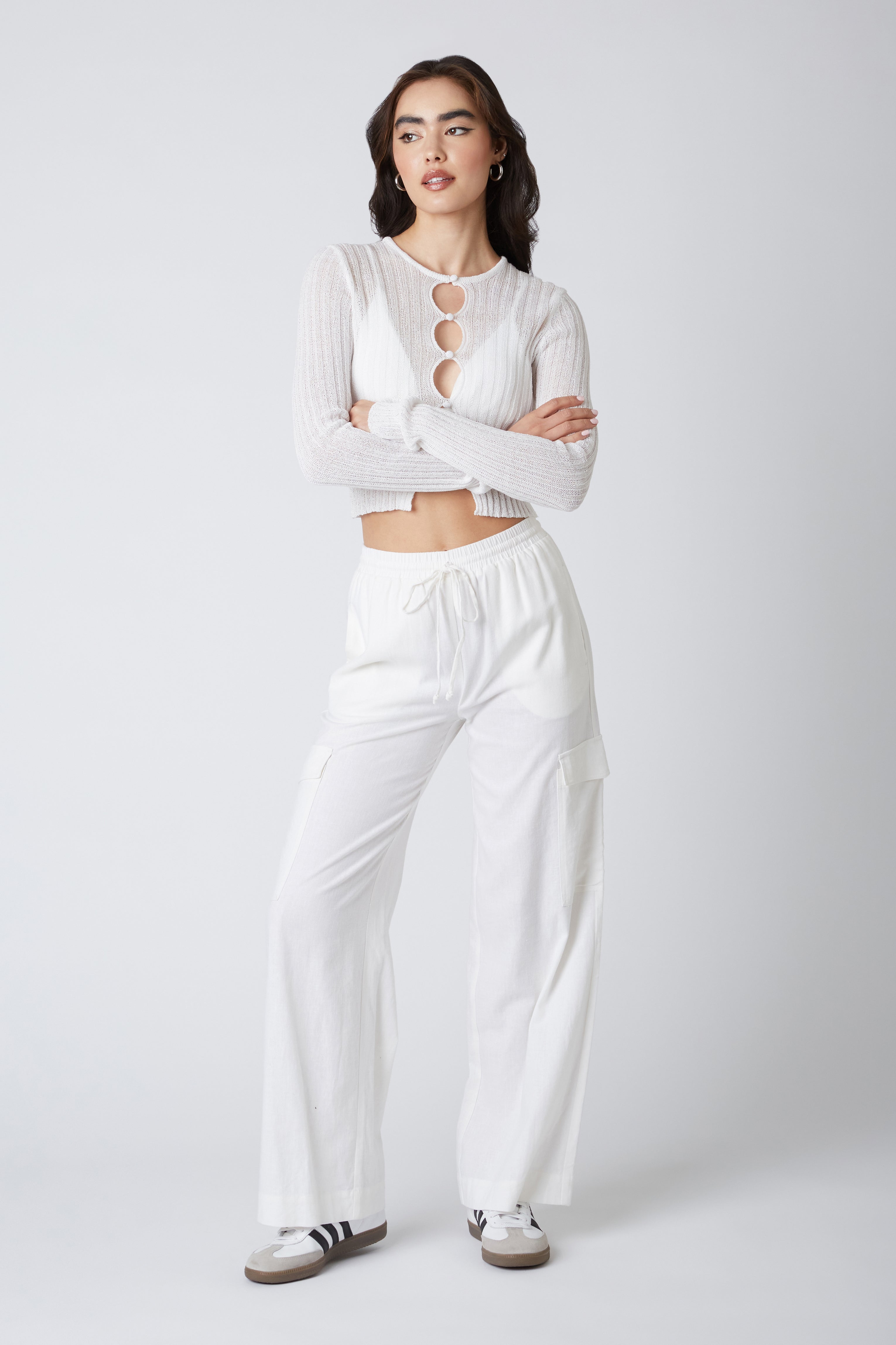 Open Knit Keyhole Cardigan in White Front
