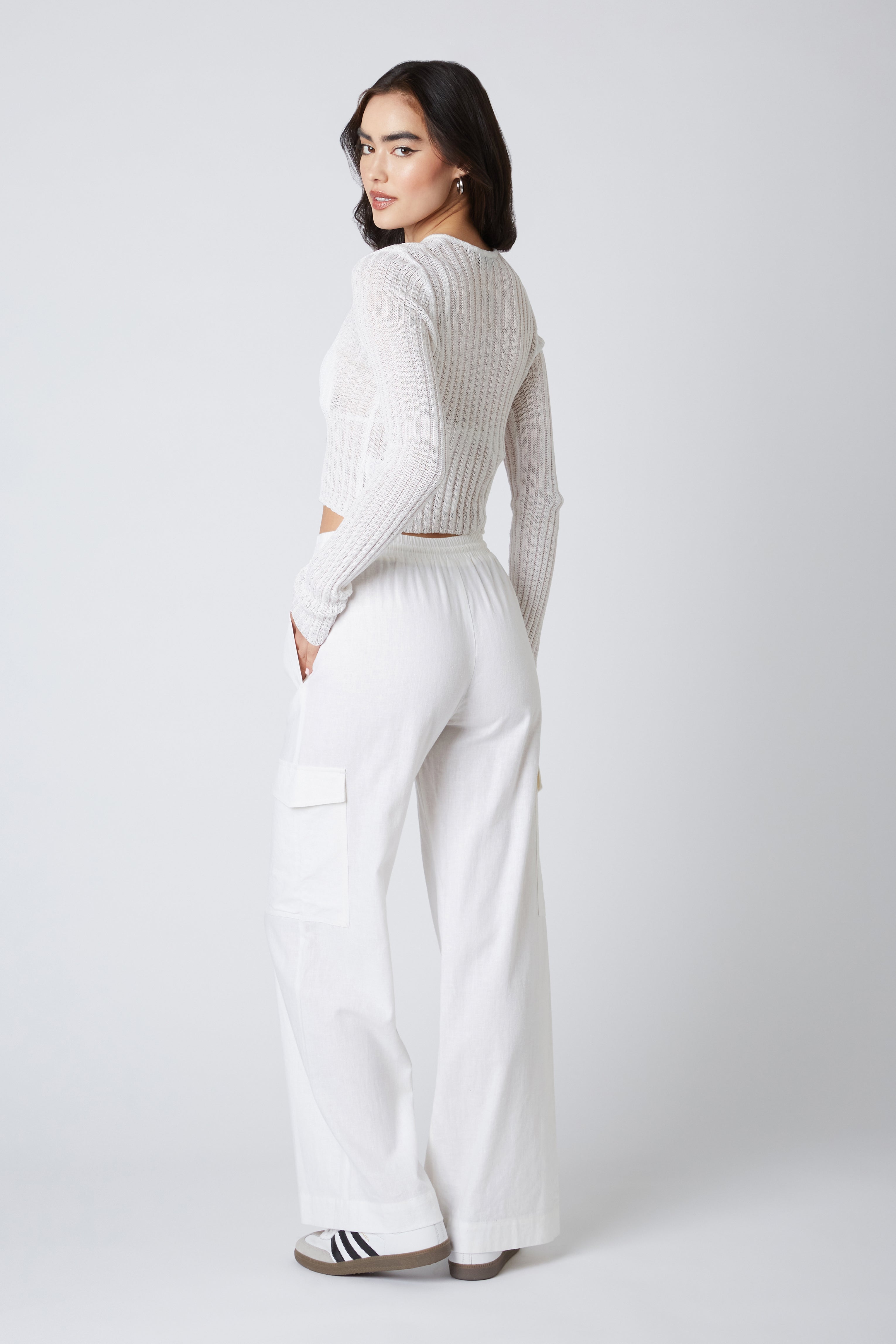 Open Knit Keyhole Cardigan in White Back