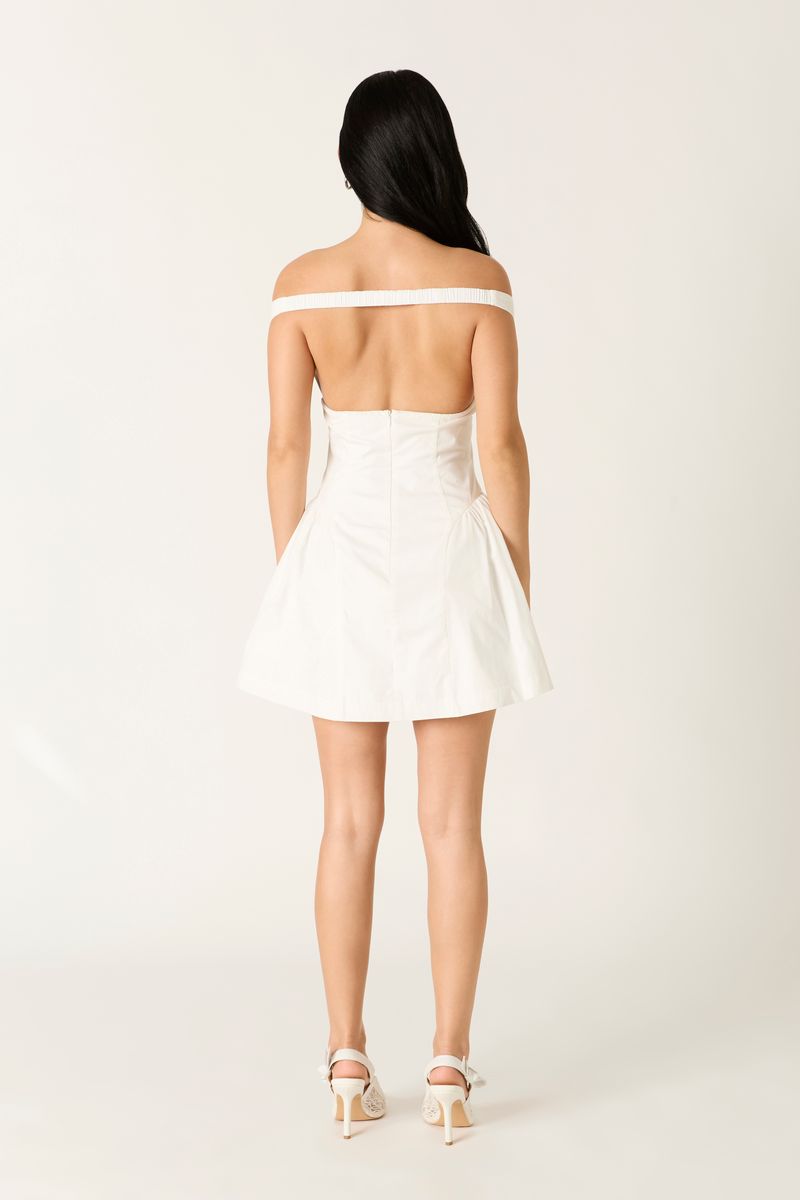 Off-Shoulder A-line Mini Dress in white back view