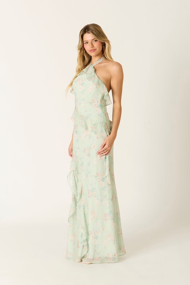 Floral Ruffle Maxi Dress in sage side view