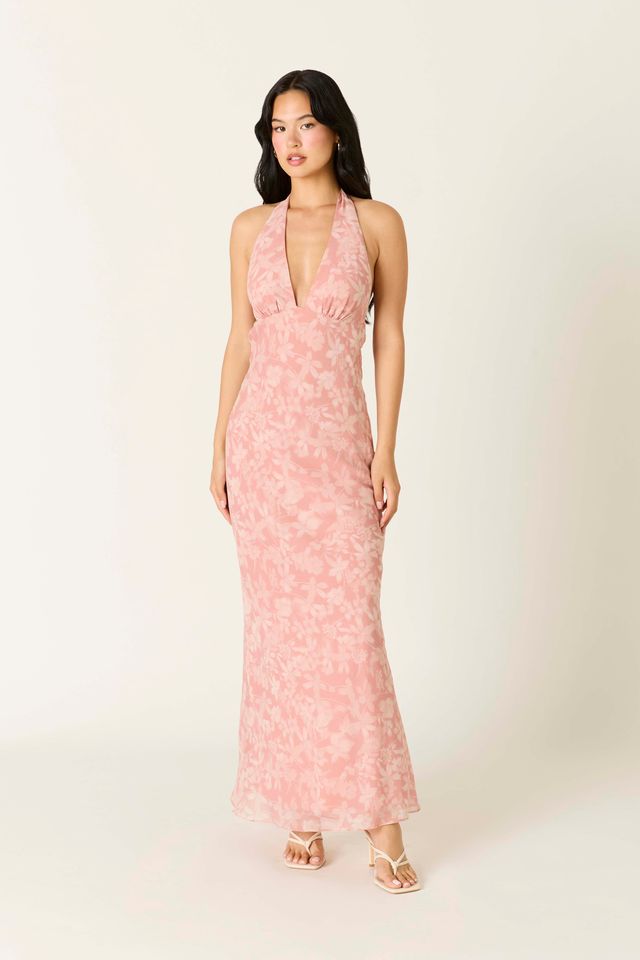 Floral Halter Maxi Dress in coral sands front view