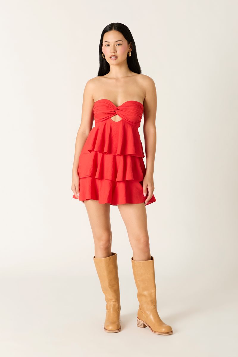 Strapless Tiered Mini Dress in red front view