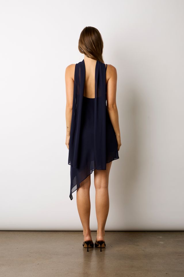 Asymmetrical Chiffon Mini Dress in navy back view