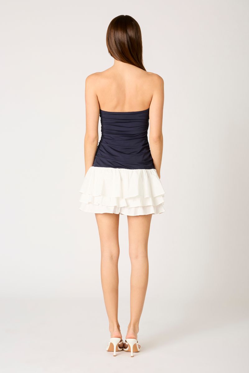 Strapless Contrast Mini Dress in navy back view