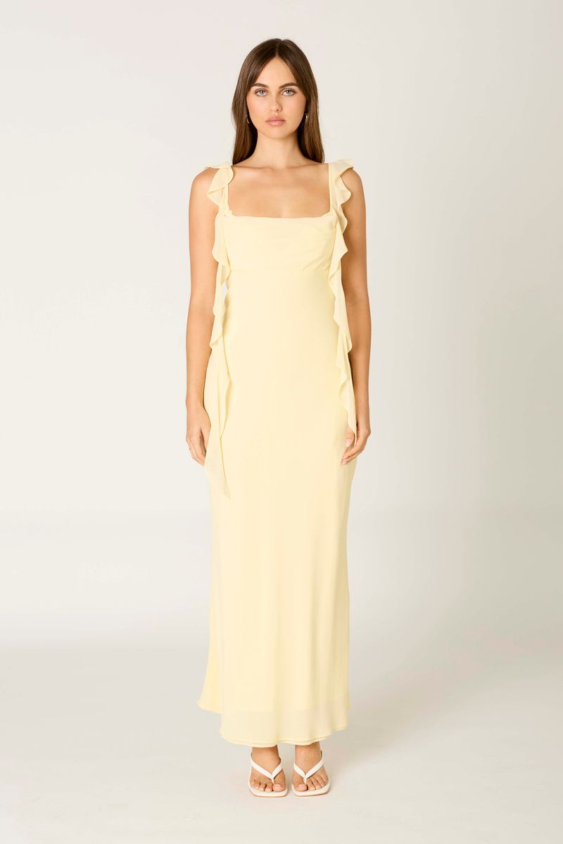 Waterfall Ruffle Maxi Dress in butter front view