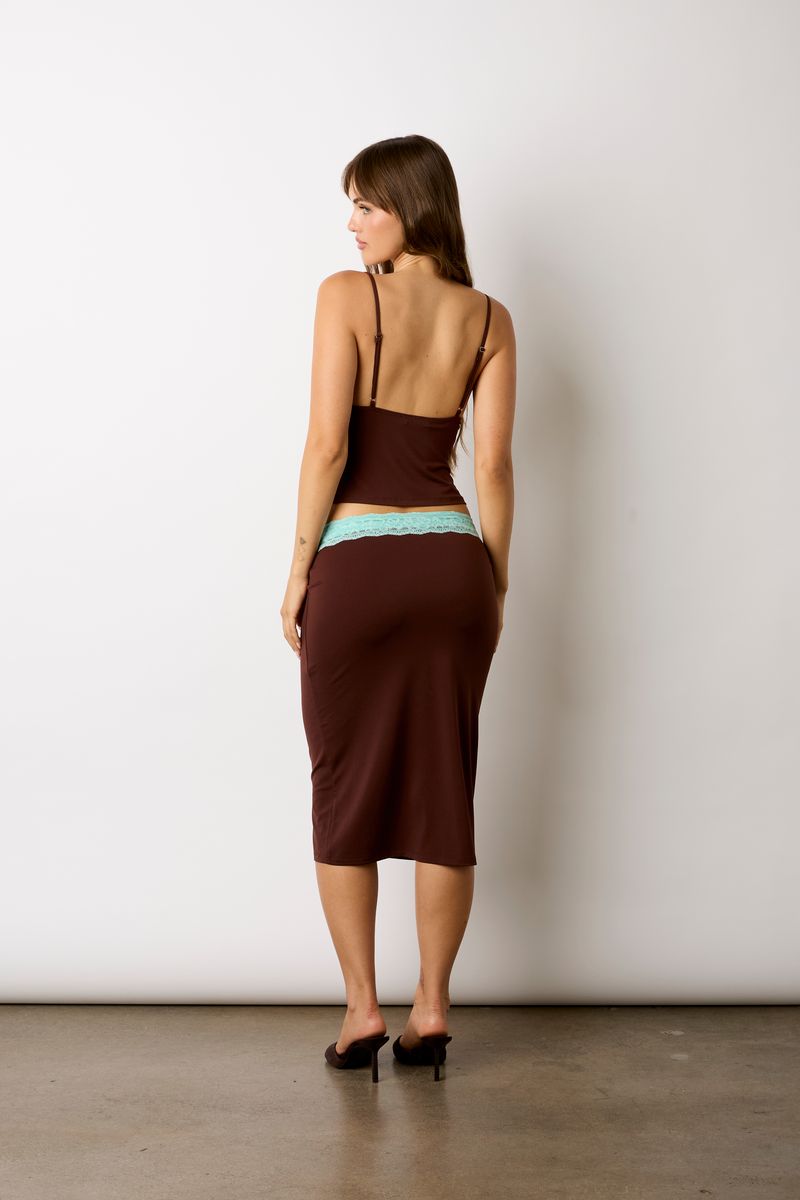 Lace Trim Midi Skirt in chocolate back side view